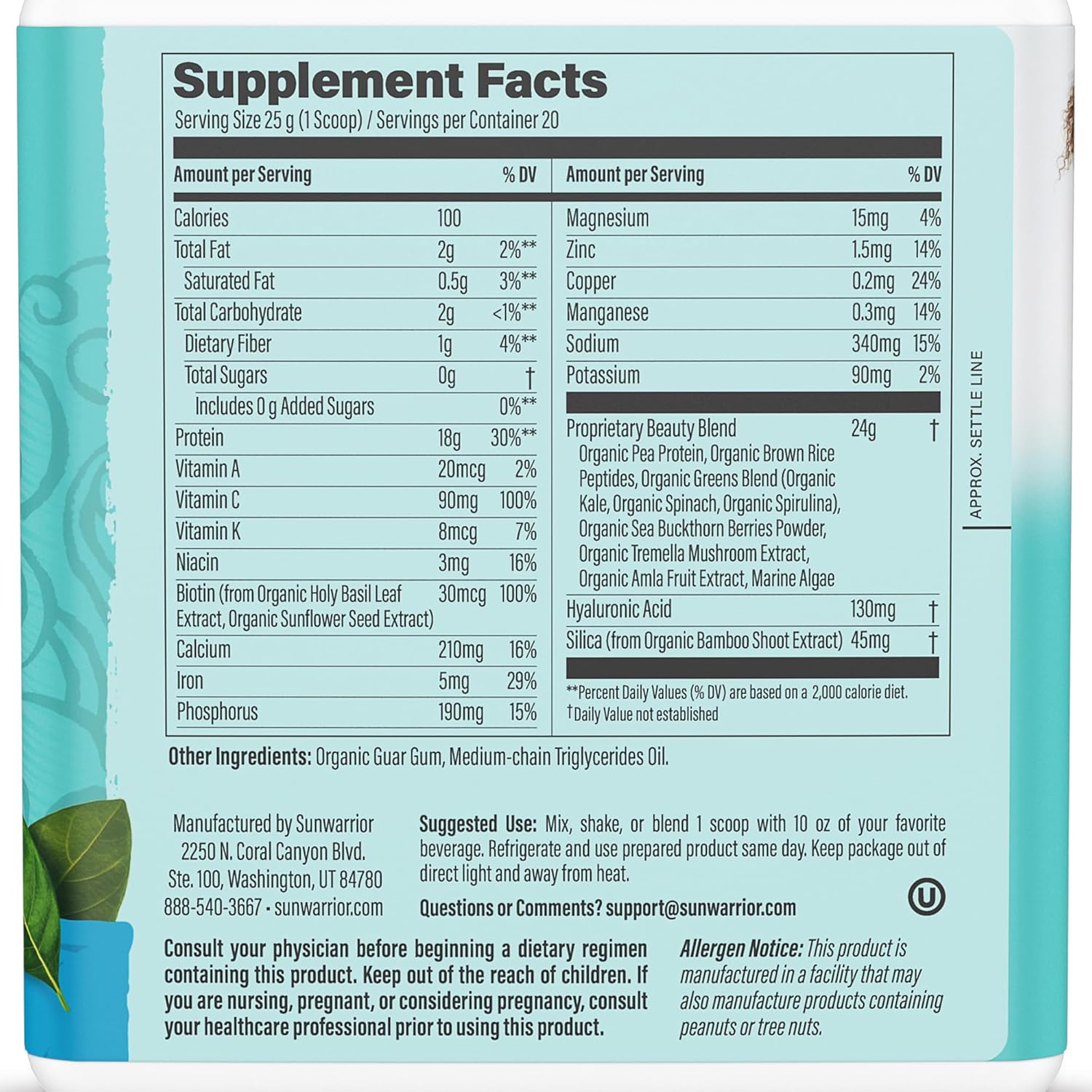 Sunwarrior Unflavored Vegan Collagen Protein Powder with Biotin, Vitamin C, and Hyaluronic Acid - Dairy and Gluten Free Formula for Hair, Skin, and Nails