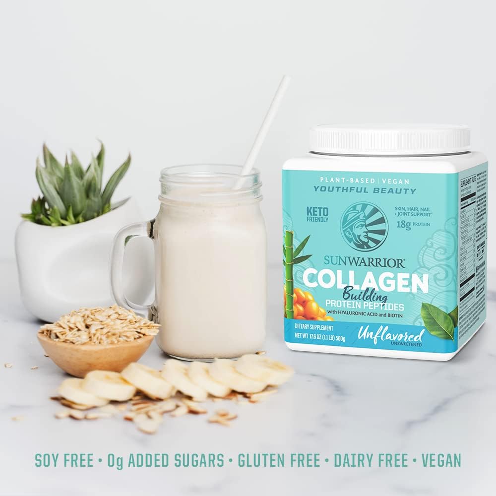 Sunwarrior Unflavored Vegan Collagen Protein Powder with Biotin, Vitamin C, and Hyaluronic Acid - Dairy and Gluten Free Formula for Hair, Skin, and Nails