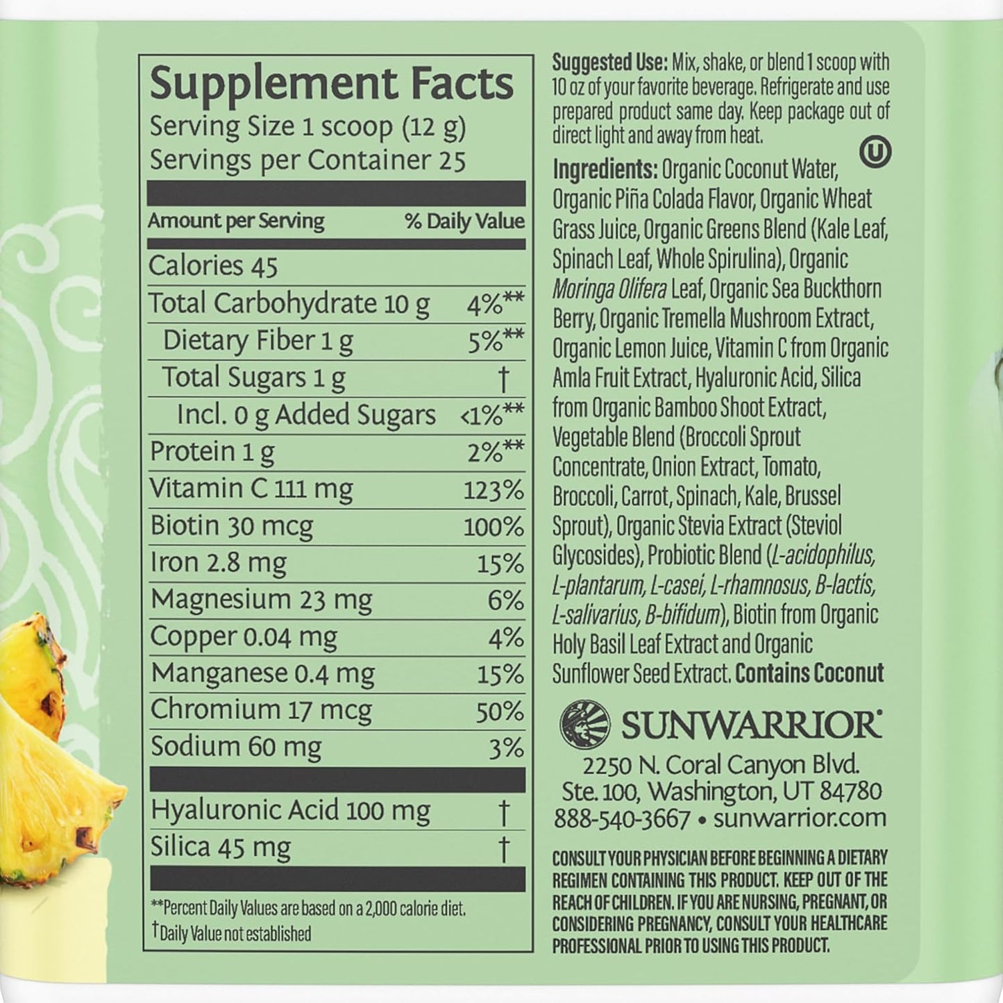 Sunwarrior Vegan Beauty Greens Drink with Hyaluronic Acid, Biotin, and Probiotics - Plant-Based Pina Colada, Non-GMO and Dairy-Free - 25 Servings