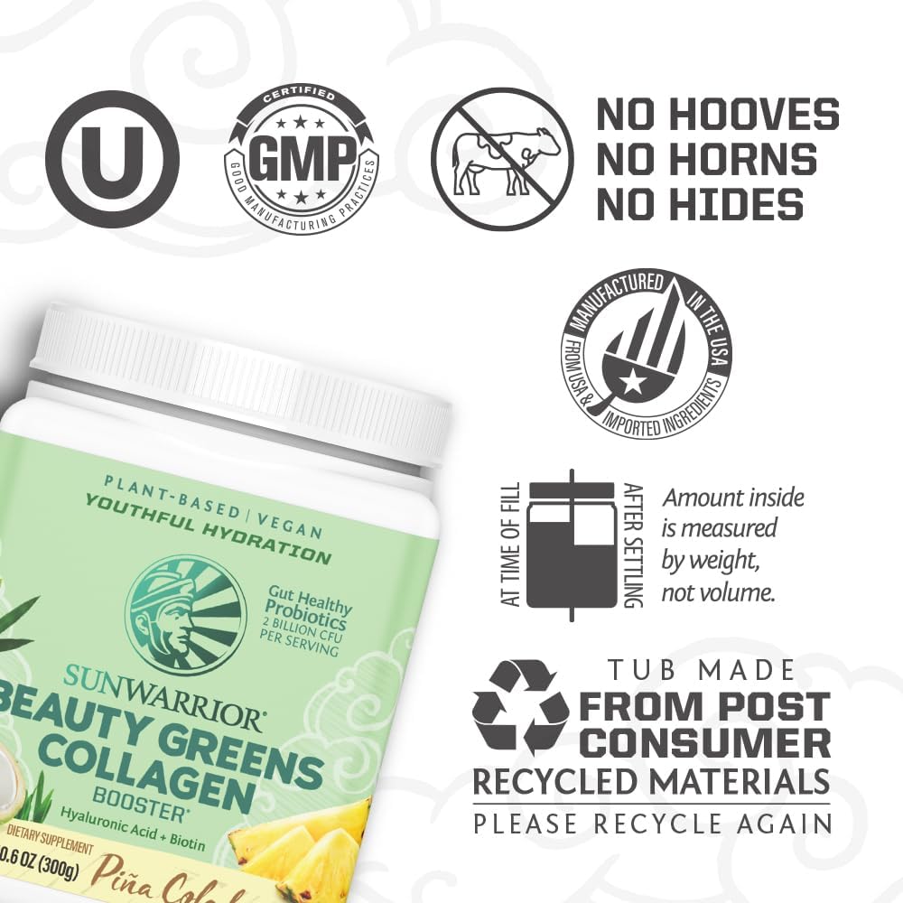 Sunwarrior Vegan Beauty Greens Drink with Hyaluronic Acid, Biotin, and Probiotics - Plant-Based Pina Colada, Non-GMO and Dairy-Free - 25 Servings