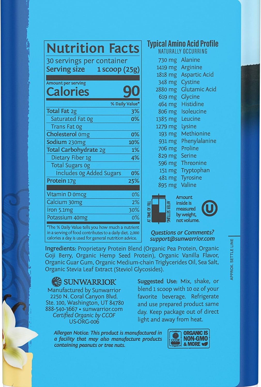 Sunwarrior WarriorBlend Vanilla Protein & Core Cleanser Prebiotic Fiber Detox - Pineapple Vanilla Flavor, 30 Servings