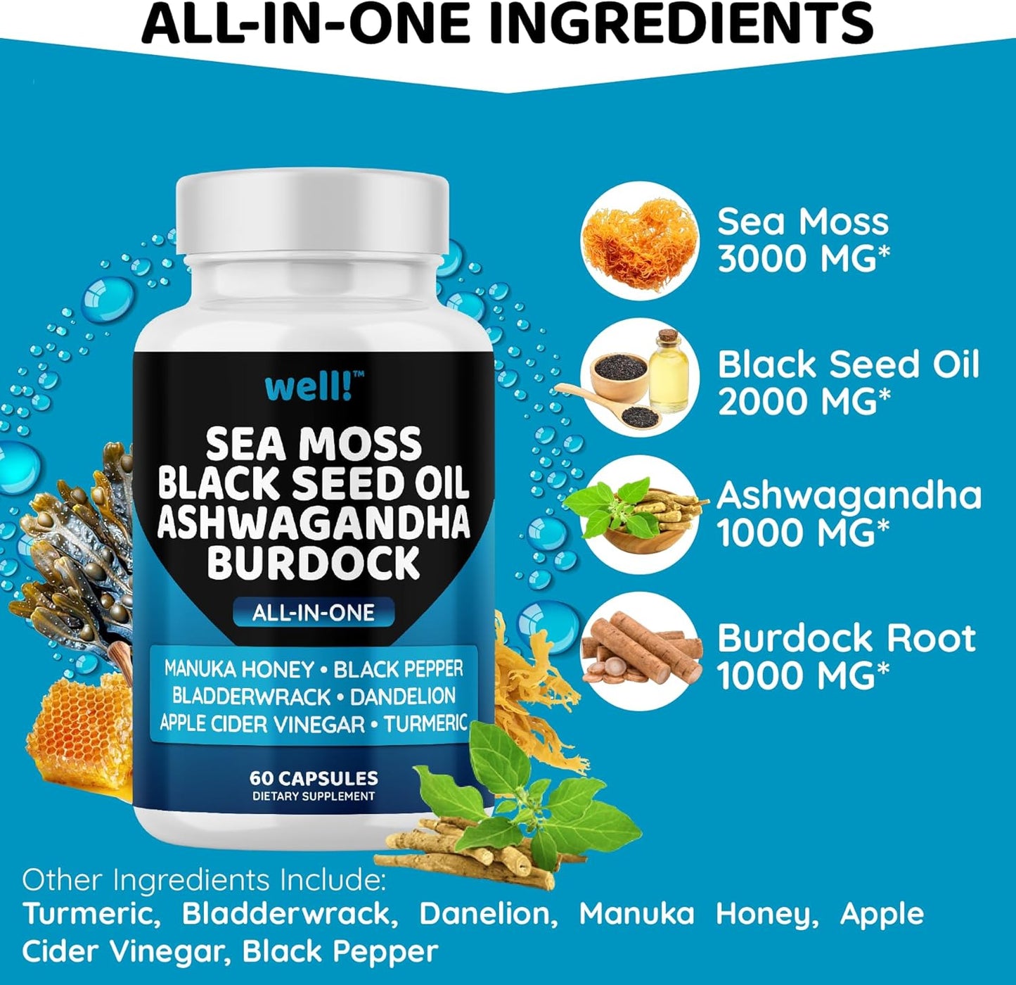 Super Antioxidants Supplement with Sea Moss, Black Seed Oil, and Ashwagandha - 180 Capsules