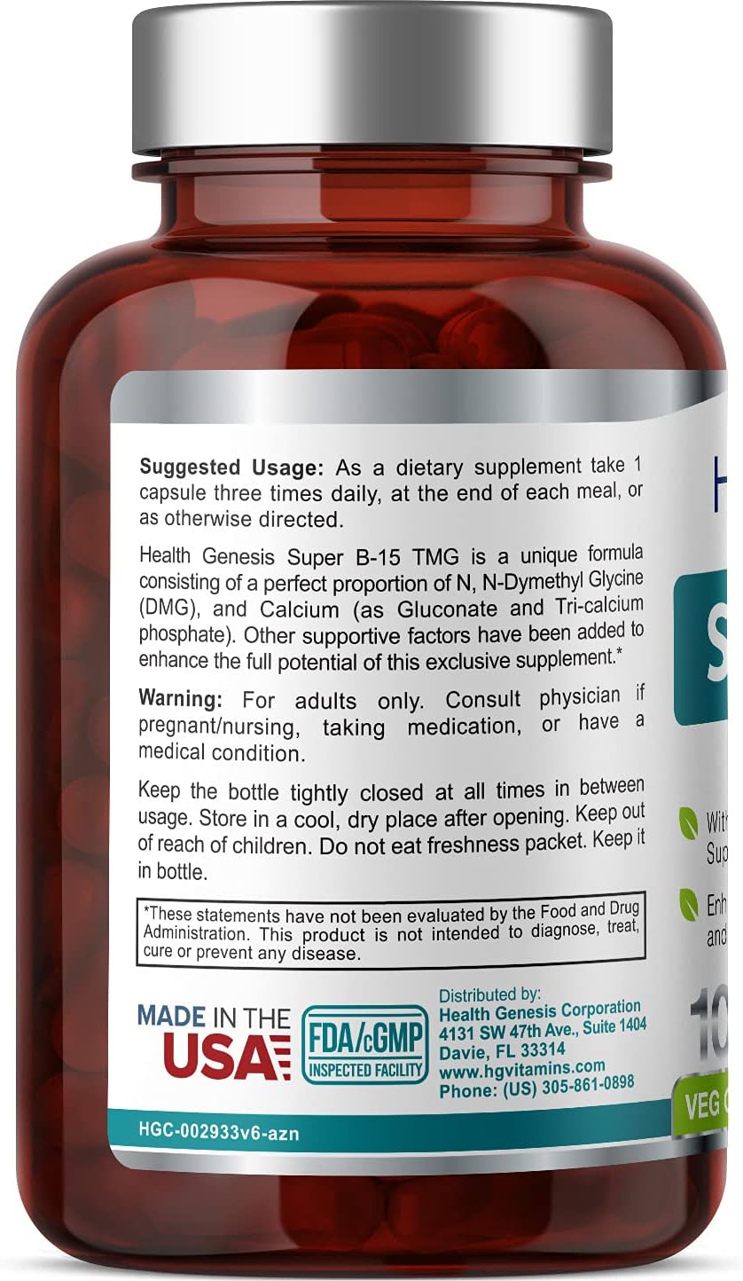 Super B-15 Health Genesis Vcaps - Niacin Calcium Choline Inositol DMG TMG - Promotes Energy & Oxygen Levels
