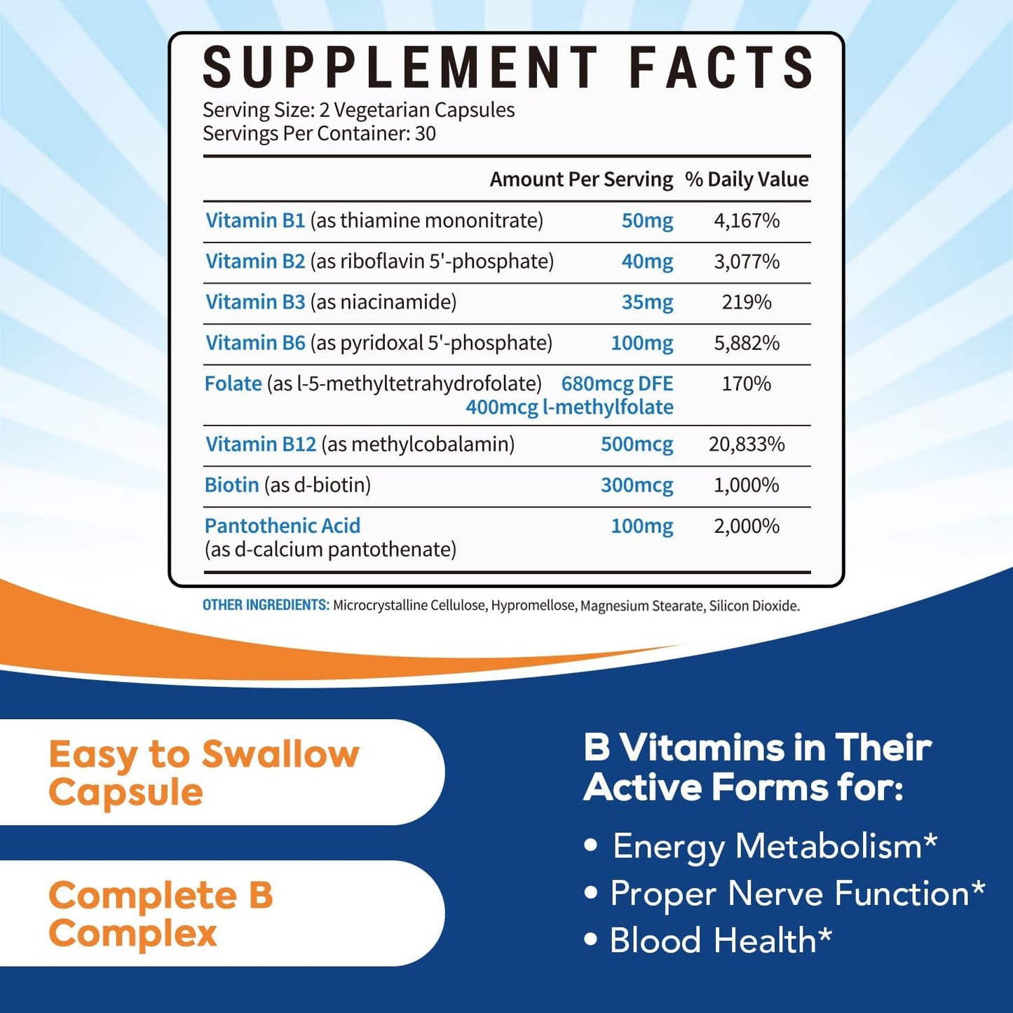 Super B Complex Vitamins Capsules for Women & Men - 8-in-1 Vitamin B Complex with B12, Biotin, Folate - Energy & Nerve Support - 60 Capsules