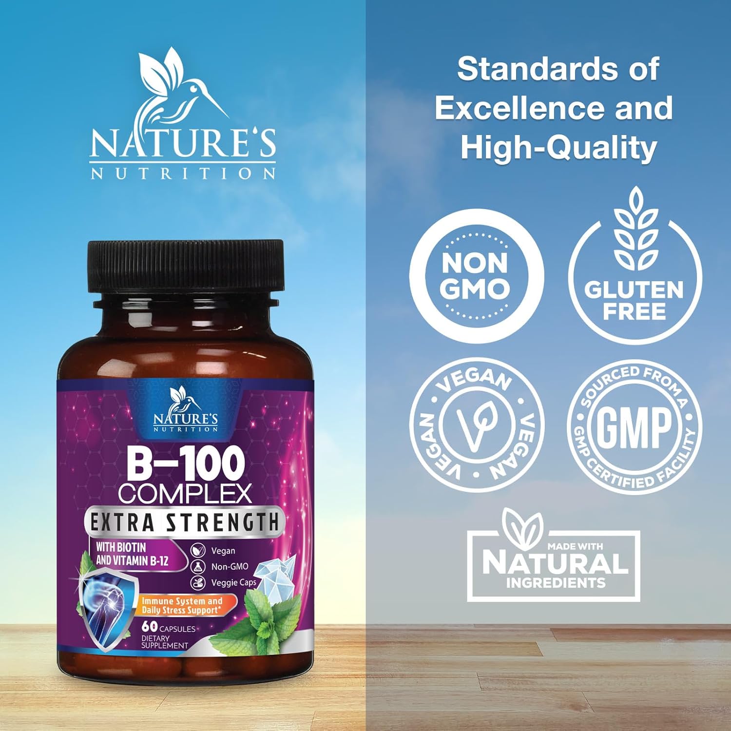 Super Complete B-Complex Vitamins Capsules with B6, B12, B100, C, Biotin, Folate & Folic Acid - Heart, Brain, Nerve Support - 60 Capsules