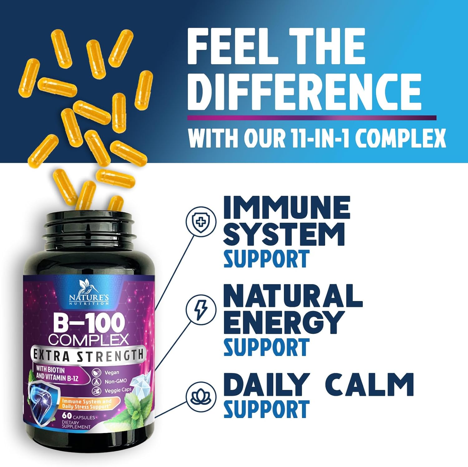 Super Complete B-Complex Vitamins Capsules with B6, B12, B100, C, Biotin, Folate & Folic Acid - Heart, Brain, Nerve Support - 60 Capsules