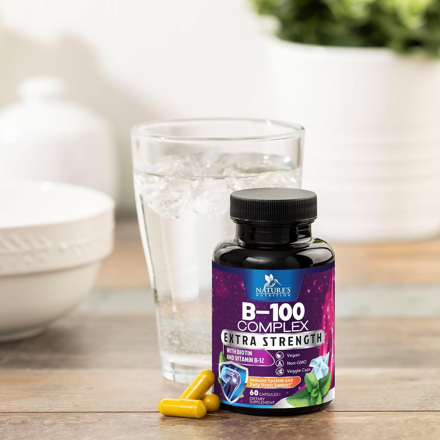 Super Complete B-Complex Vitamins Capsules with B6, B12, B100, C, Biotin, Folate & Folic Acid - Heart, Brain, Nerve Support - 60 Capsules