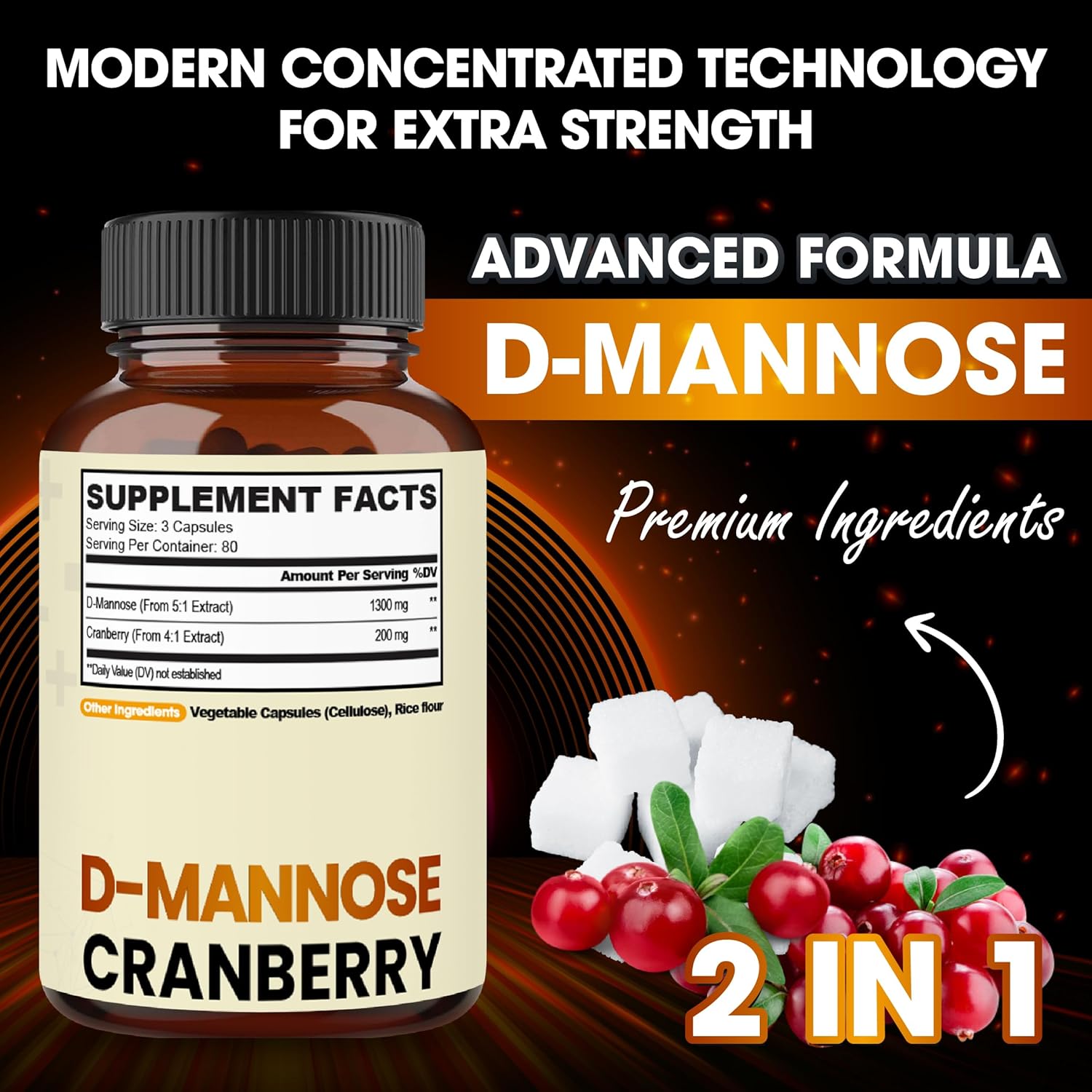 Super Concentrated D-Mannose and Cranberry Blend Capsules - 240 Vegan Pills for UTI, Digestive & Immune Support - 80 Day Supply - Gluten-Free, Non-GMO