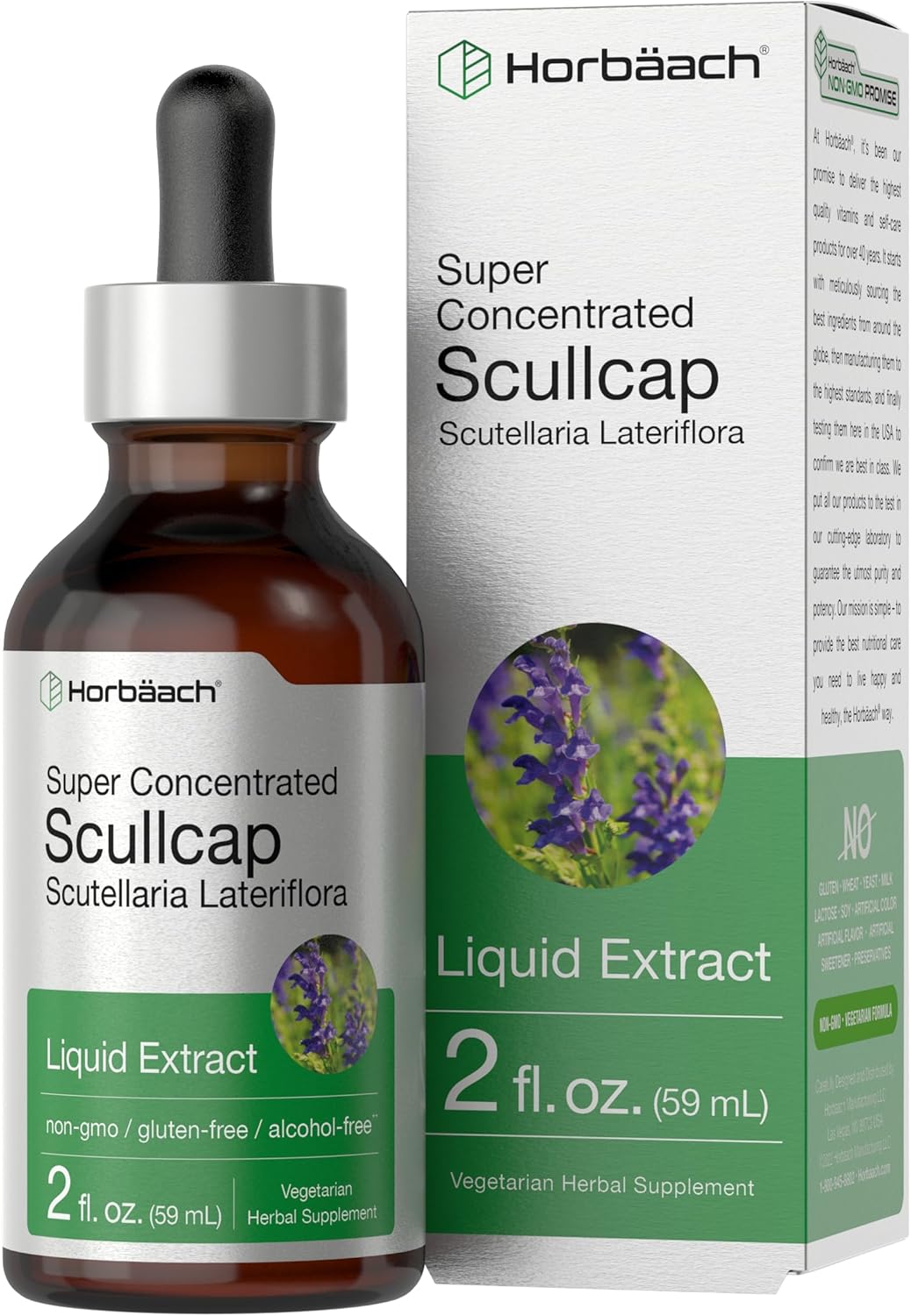 Super Concentrated Skullcap Herb Liquid Extract Tincture - 2 fl oz | Alcohol Free, Vegetarian, Non-GMO, Gluten Free | Horbäach Skullcap Supplement