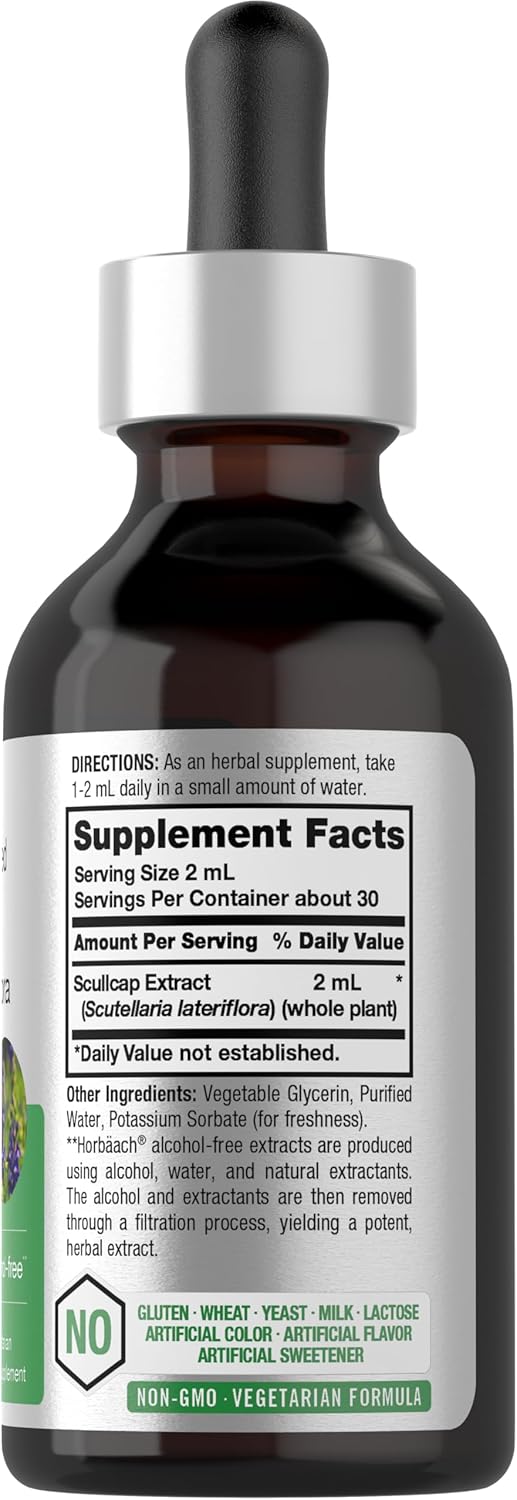 Super Concentrated Skullcap Herb Liquid Extract Tincture - 2 fl oz | Alcohol Free, Vegetarian, Non-GMO, Gluten Free | Horbäach Skullcap Supplement