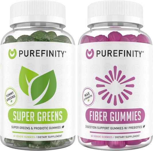 Super Greens and Fiber Gummies Bundle - Inulin FOS Prebiotic Fiber with Daily Supergreens including Spirulina, Alfalfa, Spinach, Broccoli, Beet Root, Acai