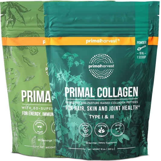 Super Greens & Collagen Powder Bundle for Hair, Skin, and Nails - Primal Harvest Men and Women Superfood Supplements