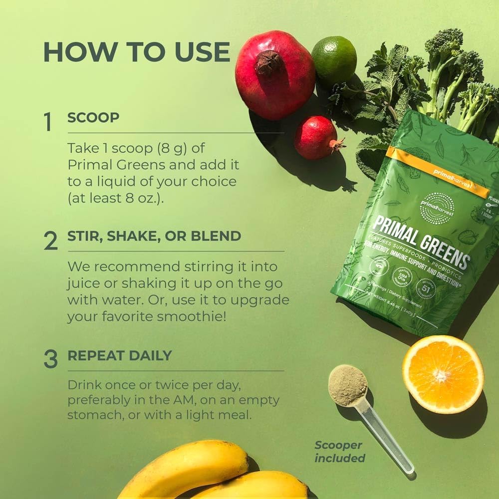 Super Greens Powder 2 Pack - 30 Servings with +50 Greens Superfood for Energy - Chlorella, Probiotics, Green Tea, Wheatgrass, Kale, Turmeric - Primal Harvest
