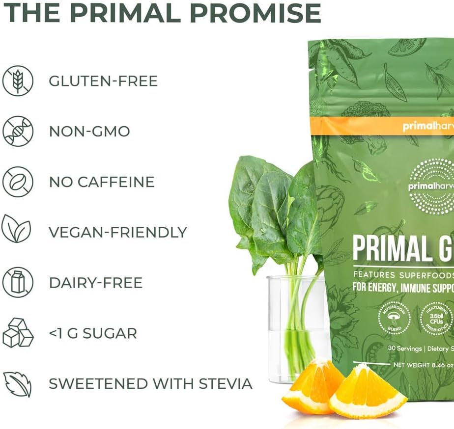 Super Greens Powder 2 Pack - 30 Servings with +50 Greens Superfood for Energy - Chlorella, Probiotics, Green Tea, Wheatgrass, Kale, Turmeric - Primal Harvest