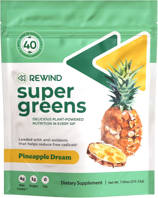 Super Greens Powder with Over 40 Superfoods, Vitamin B12, Zinc, Vitamin C, Magnesium, and Calcium - Pineapple Dream Flavor