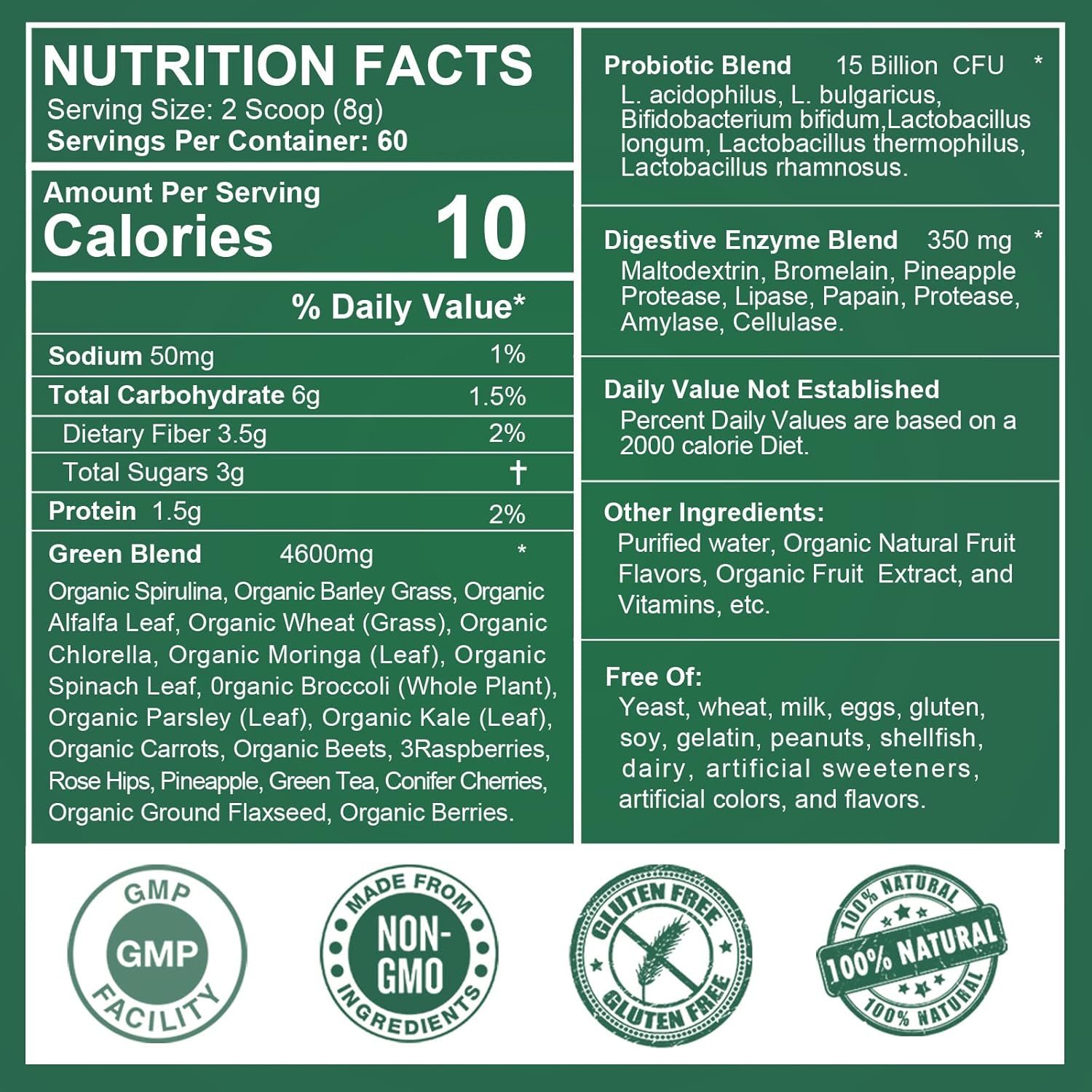 Super Greens Powder with Spirulina, Probiotics, Digestive Enzymes, Chlorella, and Wheat Grass for Immunity and Digestion - Vegan Formula for Smoothies & Juices