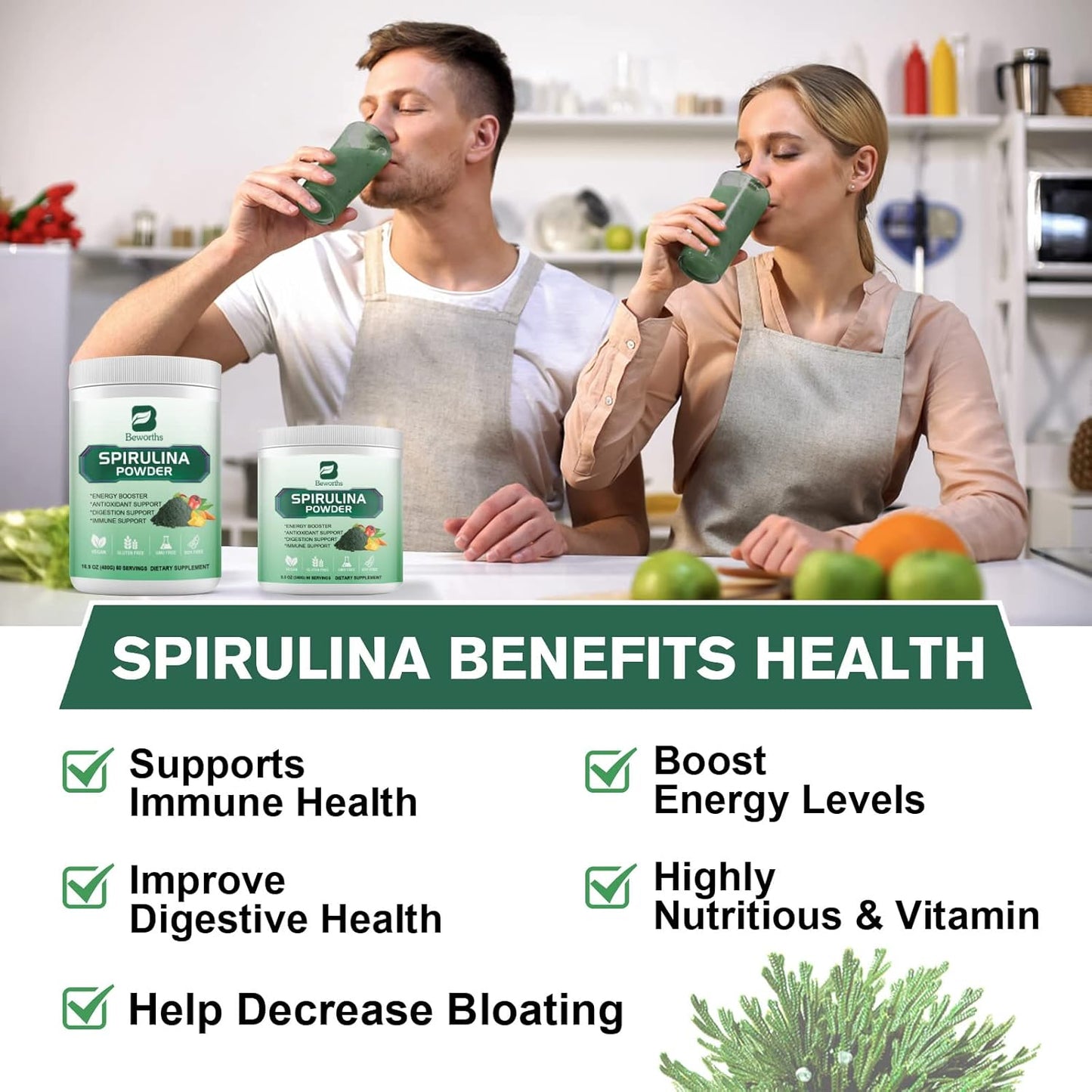 Super Greens Powder with Spirulina, Probiotics, Digestive Enzymes, Chlorella, and Wheat Grass for Immunity and Digestion - Vegan Formula for Smoothies & Juices