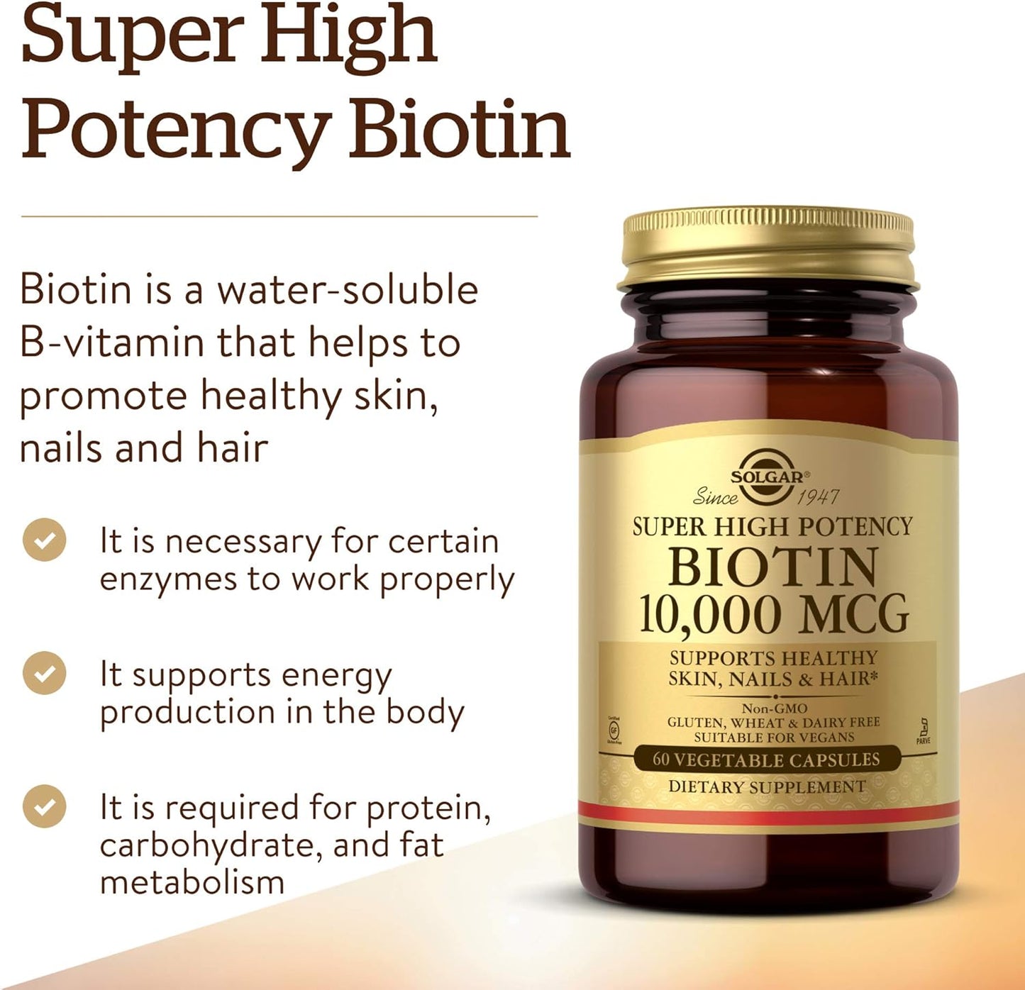 Super High Potency Biotin Capsules - 10,000 mcg for Energy, Metabolism, Skin, Nails & Hair - Non-GMO, Vegan, Gluten Free - 60 Servings
