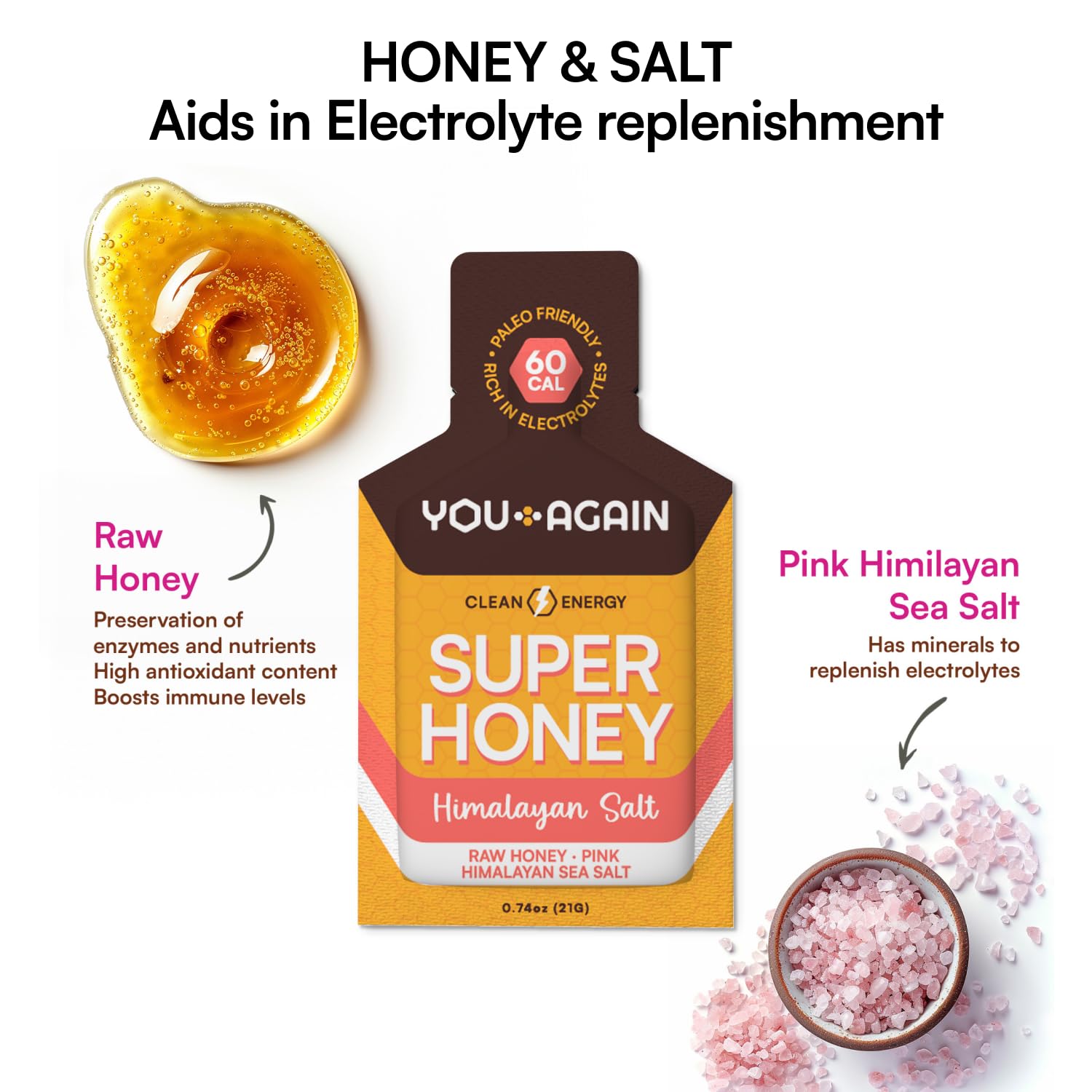 Super Honey Clean Energy Gel with Honey & Salt - Electrolyte Fuel for Endurance Workouts, Running, and Cycling - Paleo & Carnivore Snack - Gluten-Free - Made in USA - 8-Pack