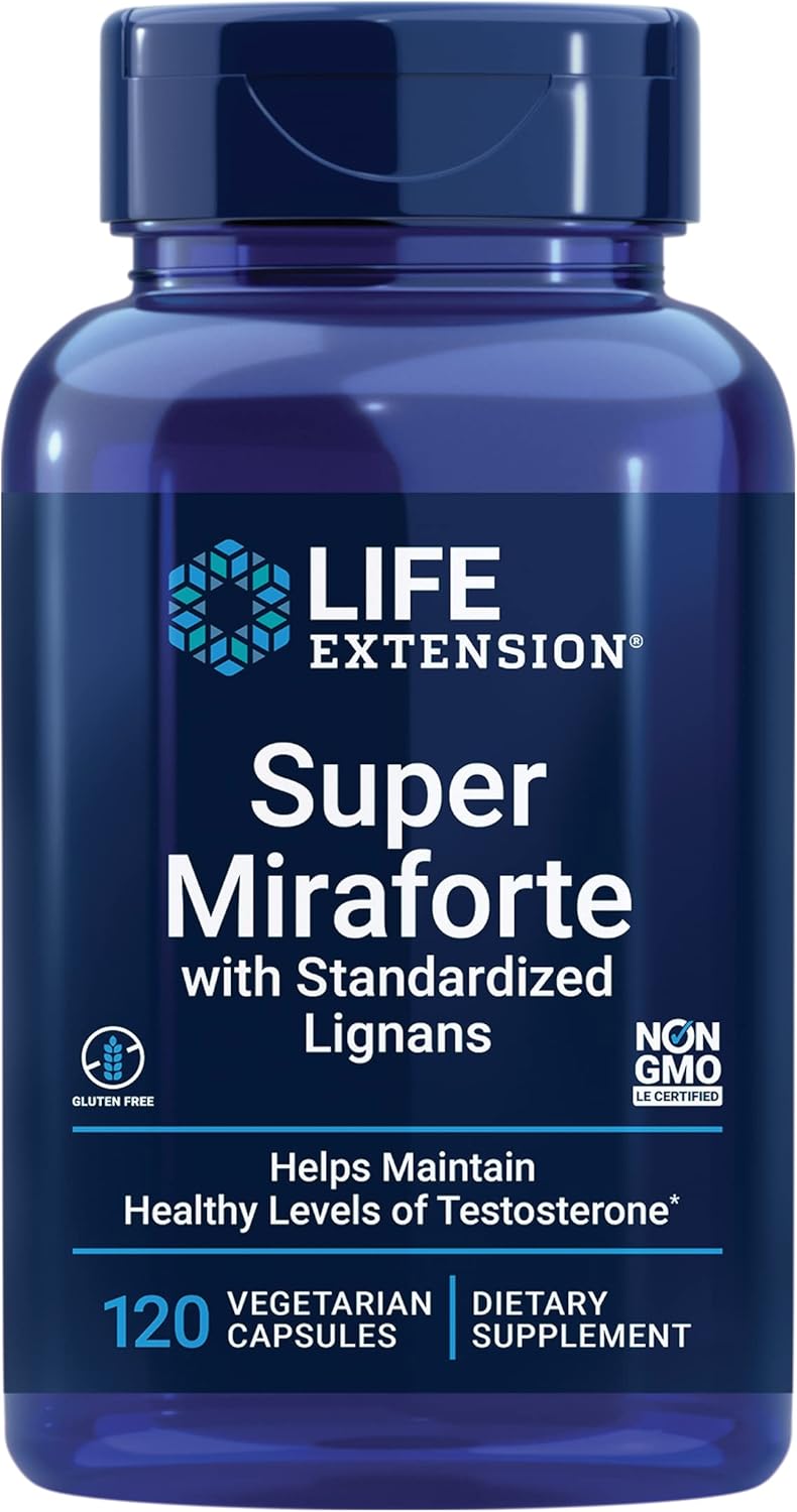 Super Miraforte Testosterone Support Supplement with Standardized Lignans, Nettle Root, and More - 120 Capsules, Vegetarian, Non-GMO