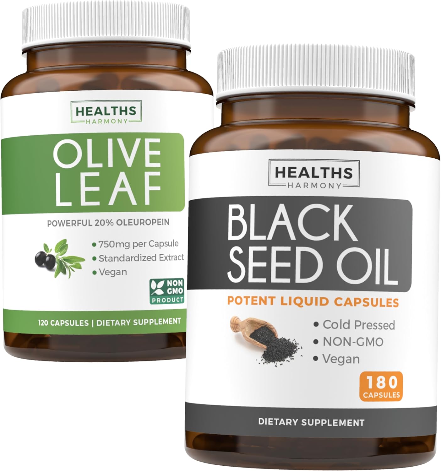 Super Strength Olive Leaf & Black Seed Oil Bundle (3-Month Supply) - 120 Olive Leaf Extract Capsules & 180 Black Seed Oil Capsules