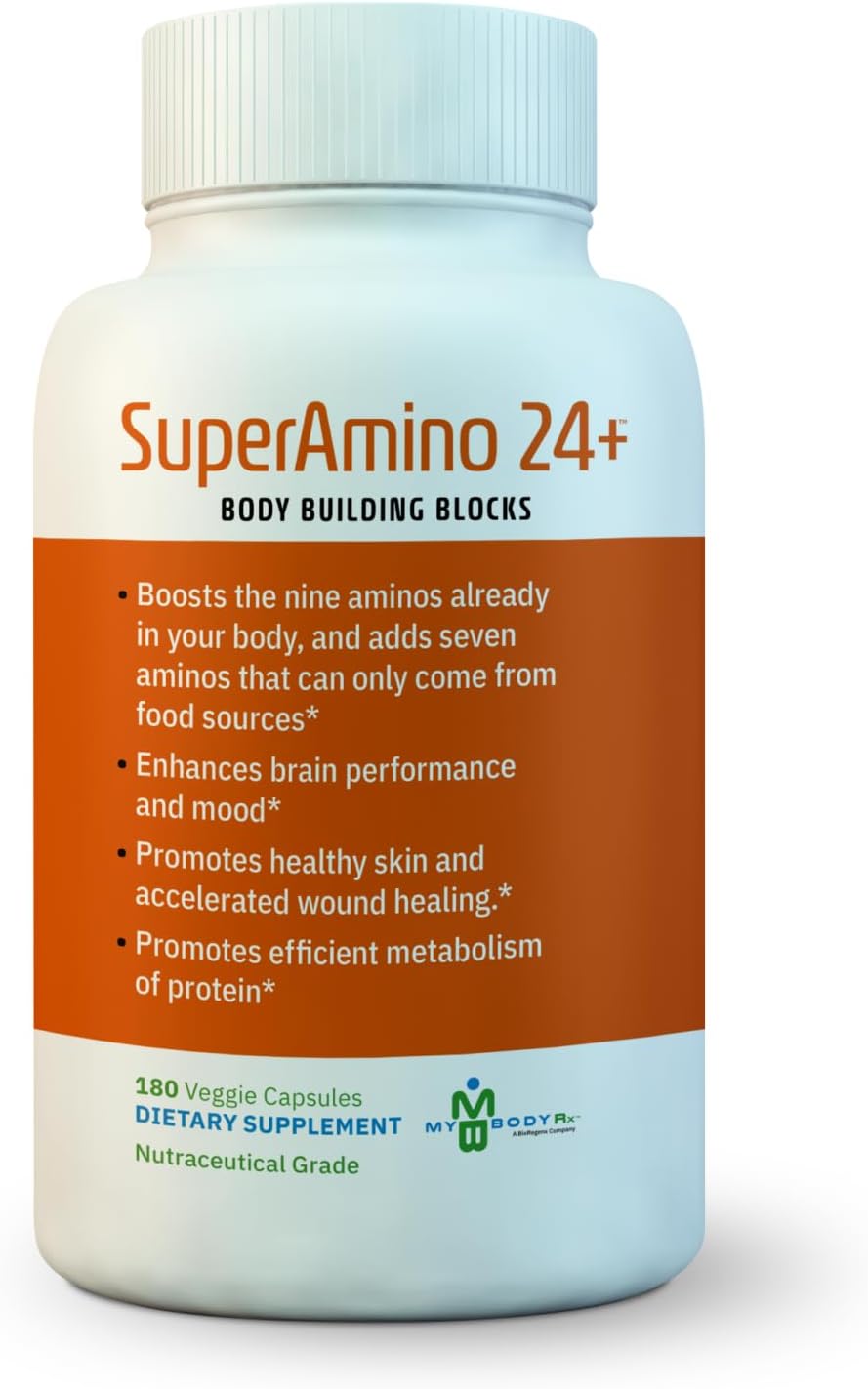 SuperAmino 24+ Amino Acid Formula for Muscle Growth, Brain Performance, & Wound Healing - 180 Veg Capsules