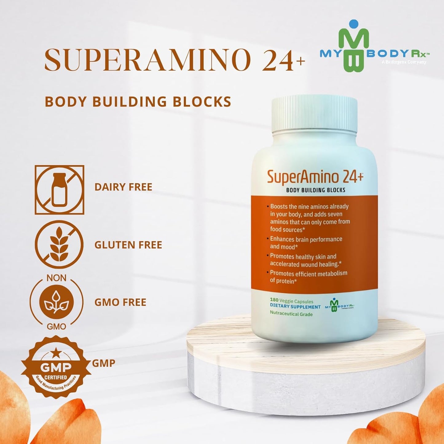 SuperAmino 24+ Amino Acid Formula for Muscle Growth, Brain Performance, & Wound Healing - 180 Veg Capsules