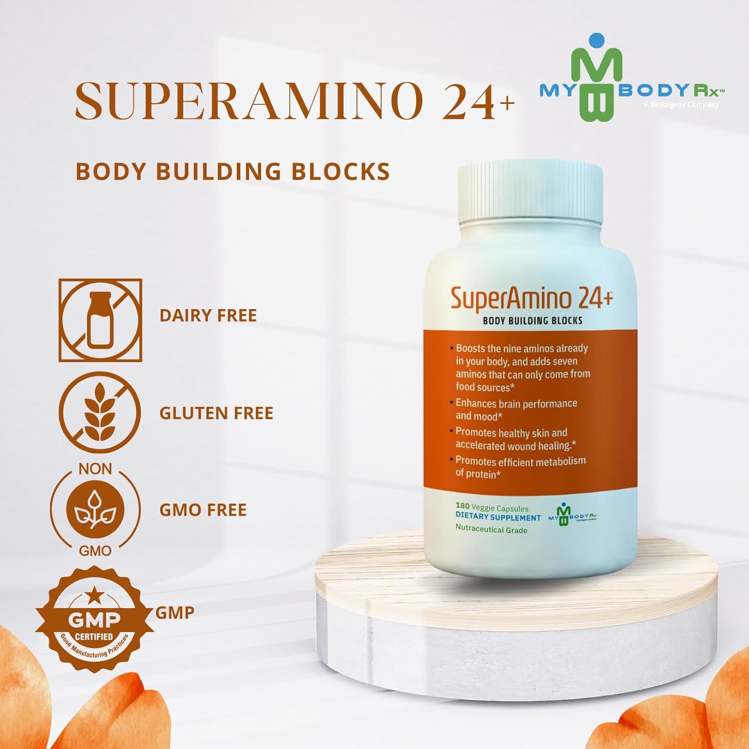 SuperAmino 24+ Amino Acid Formula for Muscle Growth, Brain Performance, & Wound Healing - 180 Veg Capsules