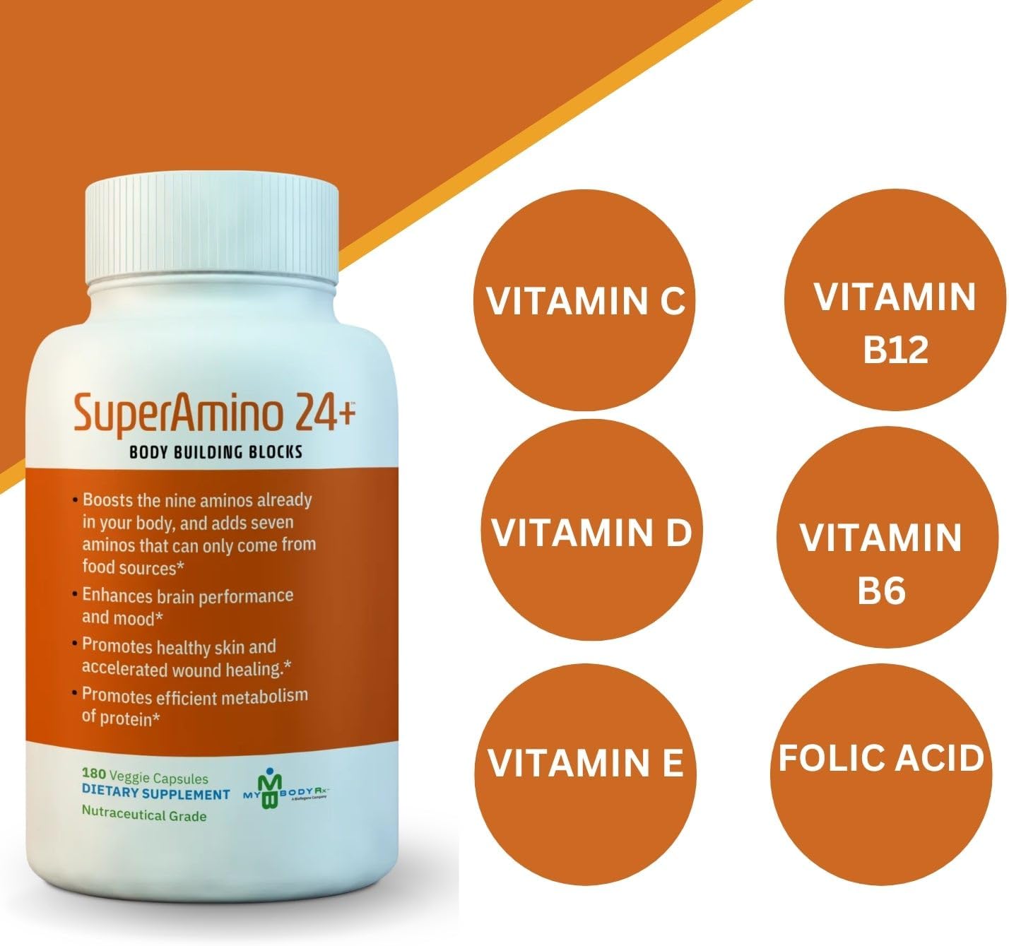 SuperAmino 24+ Amino Acid Formula for Muscle Growth, Brain Performance, & Wound Healing - 180 Veg Capsules