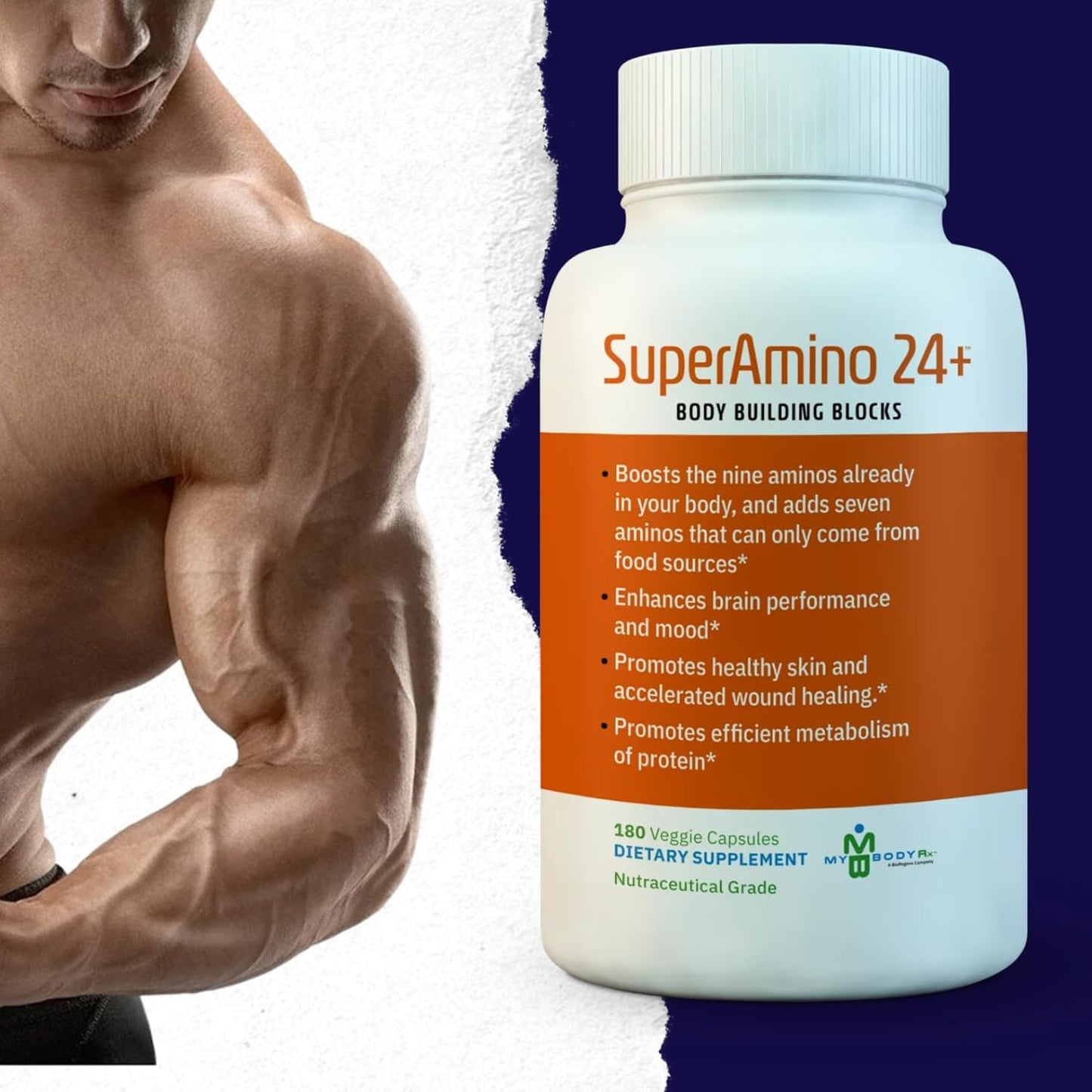SuperAmino 24+ Amino Acid Formula for Muscle Growth, Brain Performance, & Wound Healing - 180 Veg Capsules