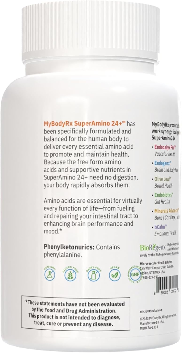 SuperAmino 24+ Amino Acid Formula for Muscle Growth, Brain Performance, & Wound Healing - 180 Veg Capsules