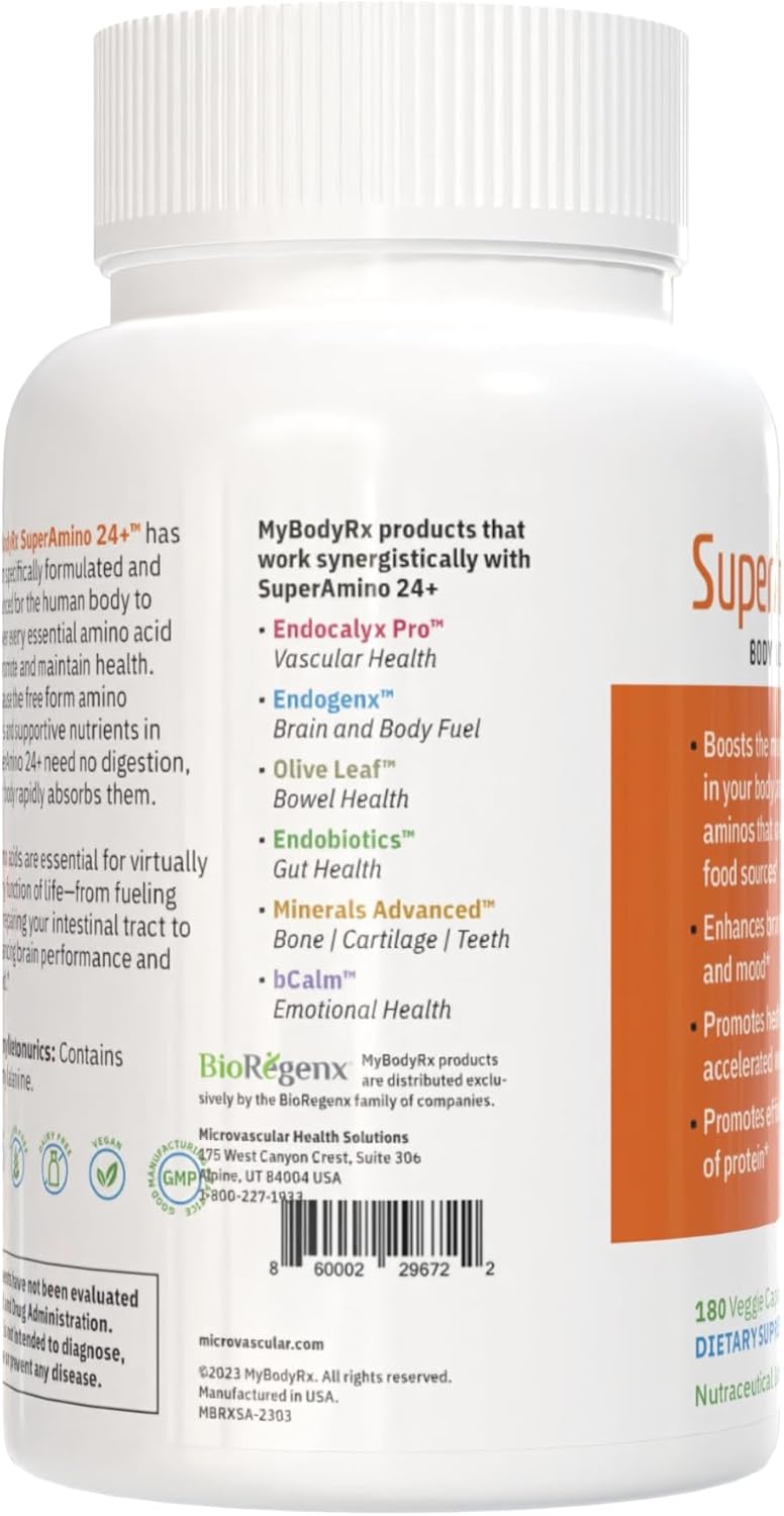 SuperAmino 24+ Amino Acid Formula for Muscle Growth, Brain Performance, & Wound Healing - 180 Veg Capsules
