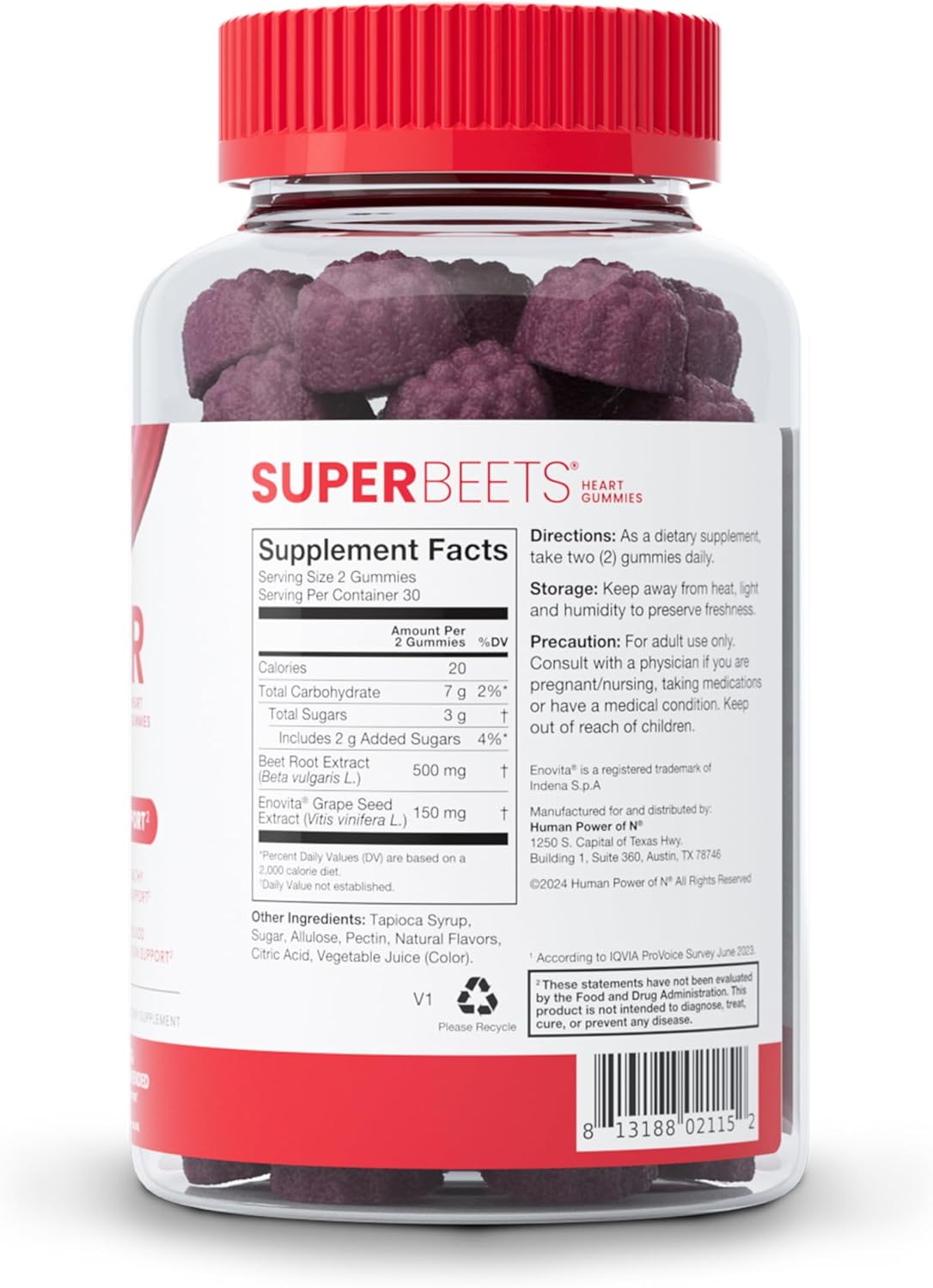 SuperBeets Strawberry Heart Gummies with Beetroot & Grape Seed Extract - 60 Count