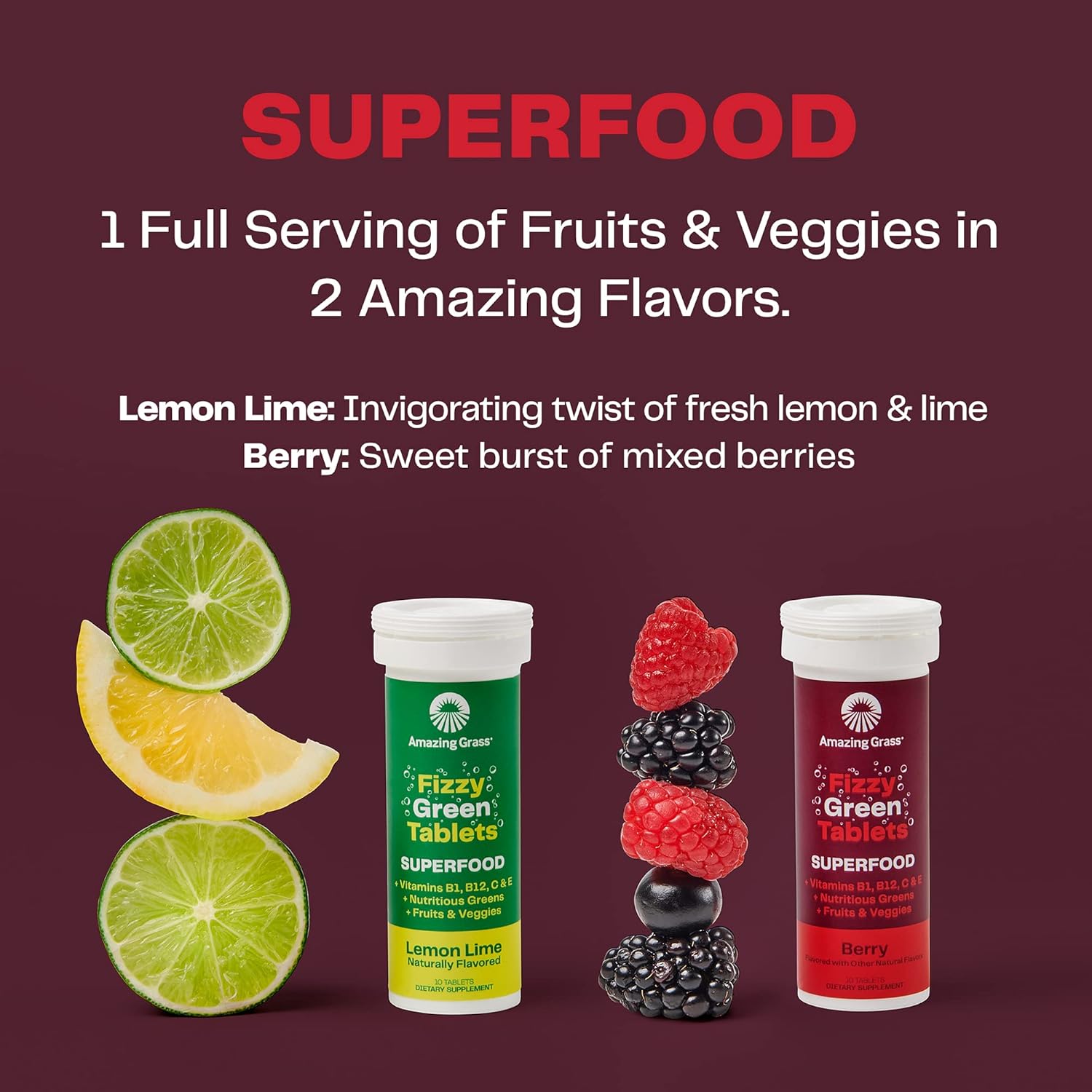 Superfood Berry Fizzy Green Tablets: Antioxidant-Rich Alkalizing Greens for Water, 120 Count