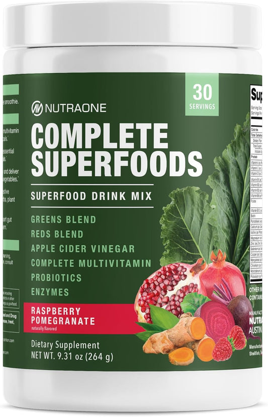 Superfood Blend with Apple Cider Vinegar, Digestive Enzymes, Probiotics, Multivitamins - Raspberry Pomegranate Flavor, 30 Servings