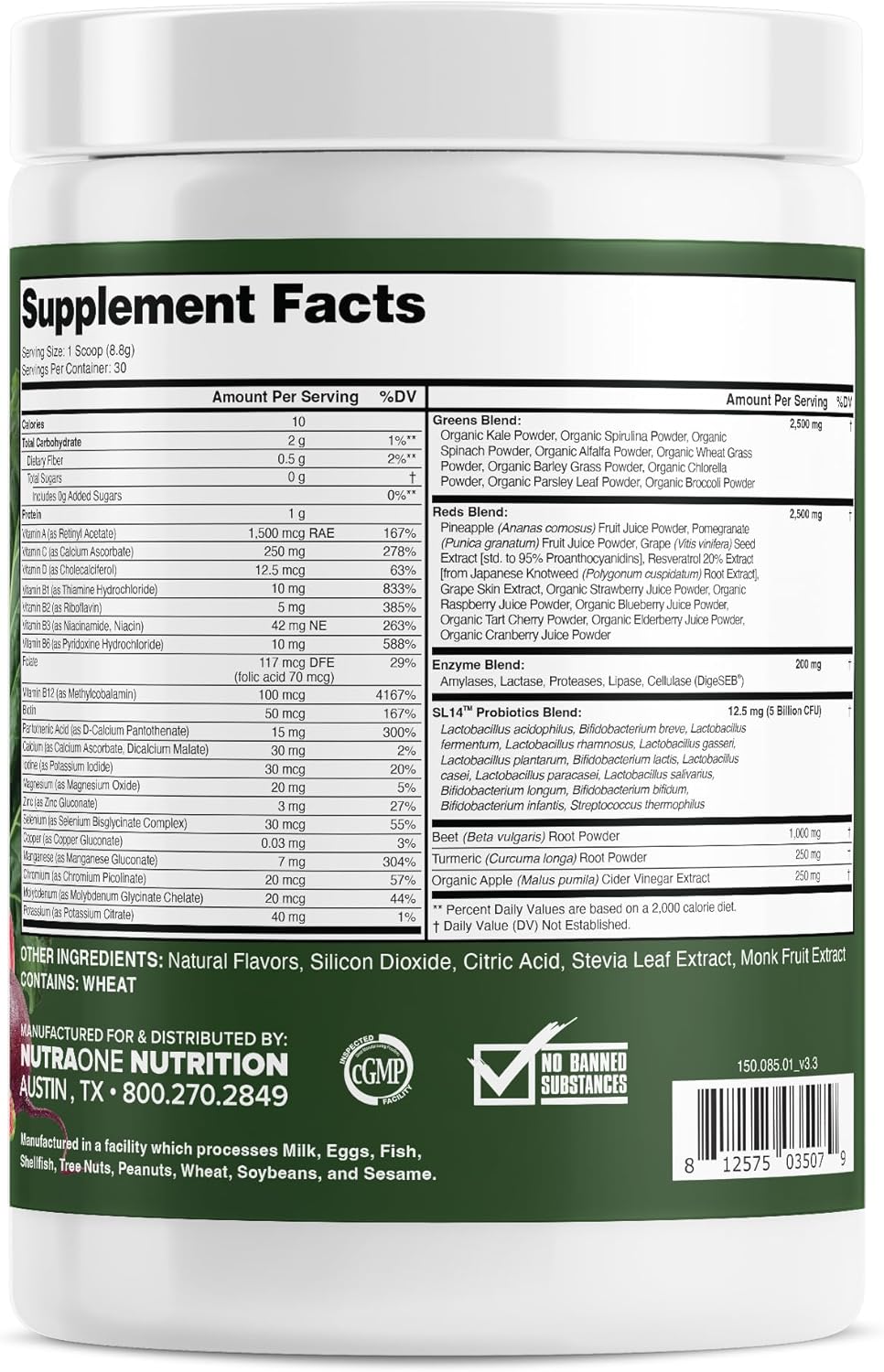 Superfood Blend with Apple Cider Vinegar, Digestive Enzymes, Probiotics, Multivitamins - Raspberry Pomegranate Flavor, 30 Servings