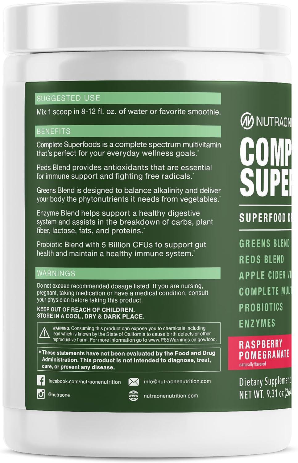 Superfood Blend with Apple Cider Vinegar, Digestive Enzymes, Probiotics, Multivitamins - Raspberry Pomegranate Flavor, 30 Servings