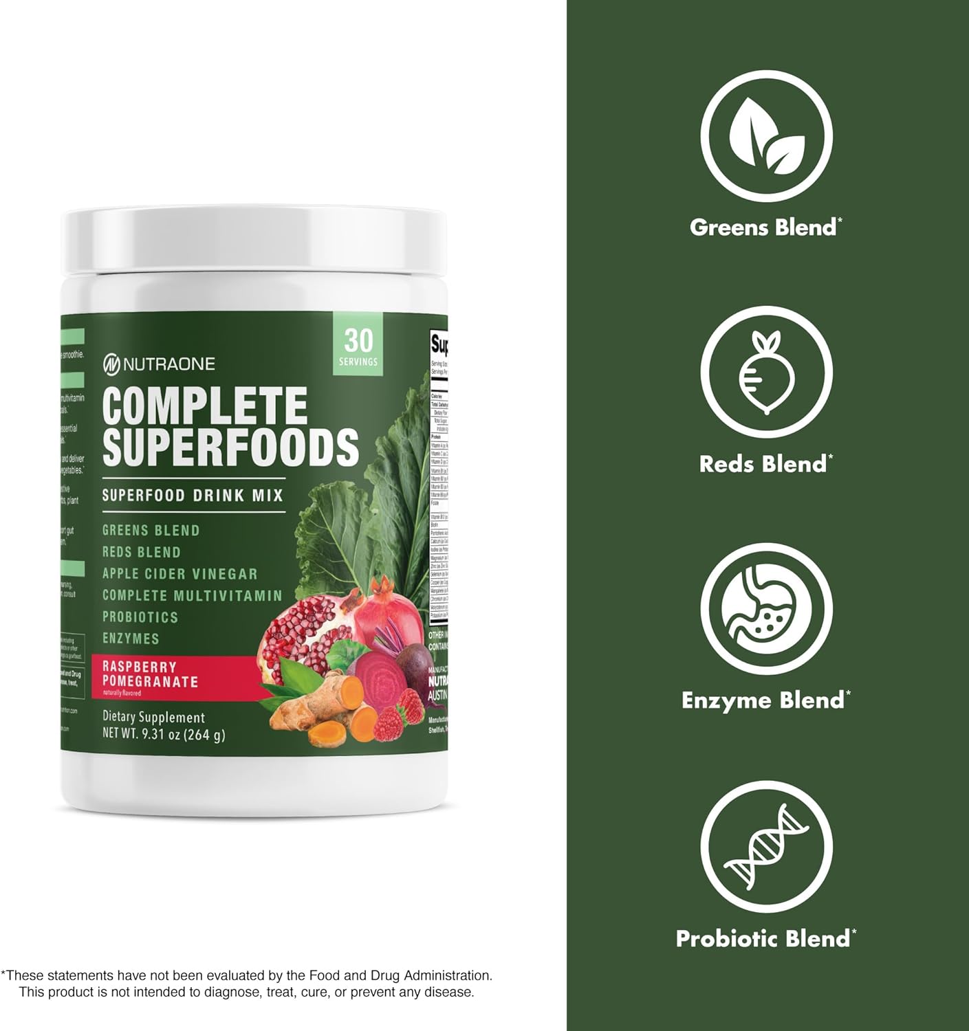 Superfood Blend with Apple Cider Vinegar, Digestive Enzymes, Probiotics, Multivitamins - Raspberry Pomegranate Flavor, 30 Servings