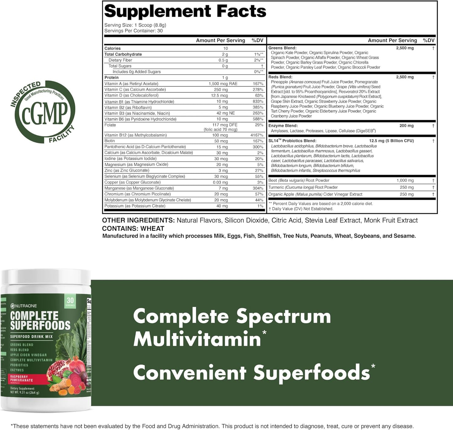 Superfood Blend with Apple Cider Vinegar, Digestive Enzymes, Probiotics, Multivitamins - Raspberry Pomegranate Flavor, 30 Servings