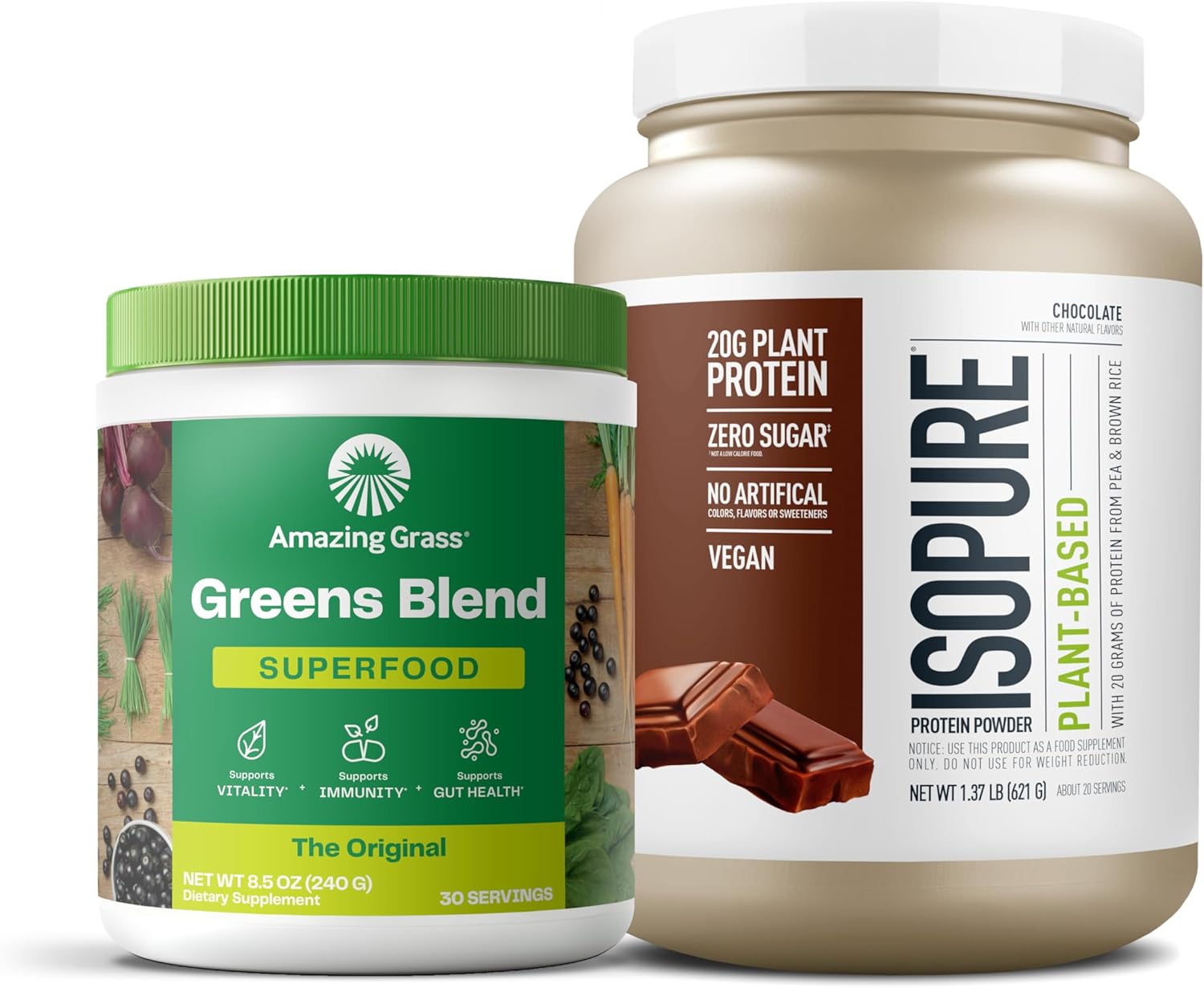 Superfood Bundle: Amazing Grass Greens Powder & Isopure Chocolate Vegan Protein (Original, Plant-Based, Organic, Dairy-Free)