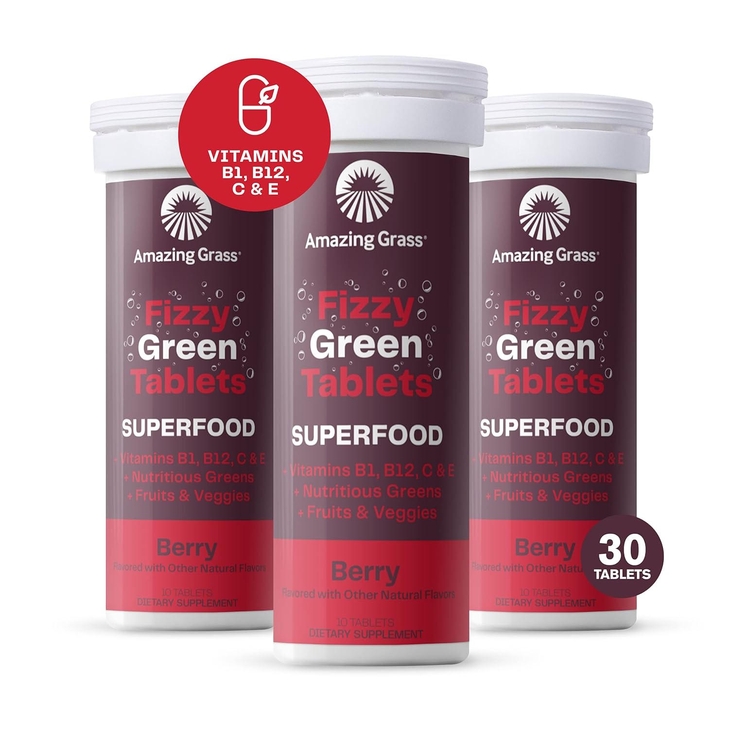 Superfood Fizzy Green Tablets: Berry Flavor, 30 Count, Antioxidants & Alkalizing Greens, Immune Support