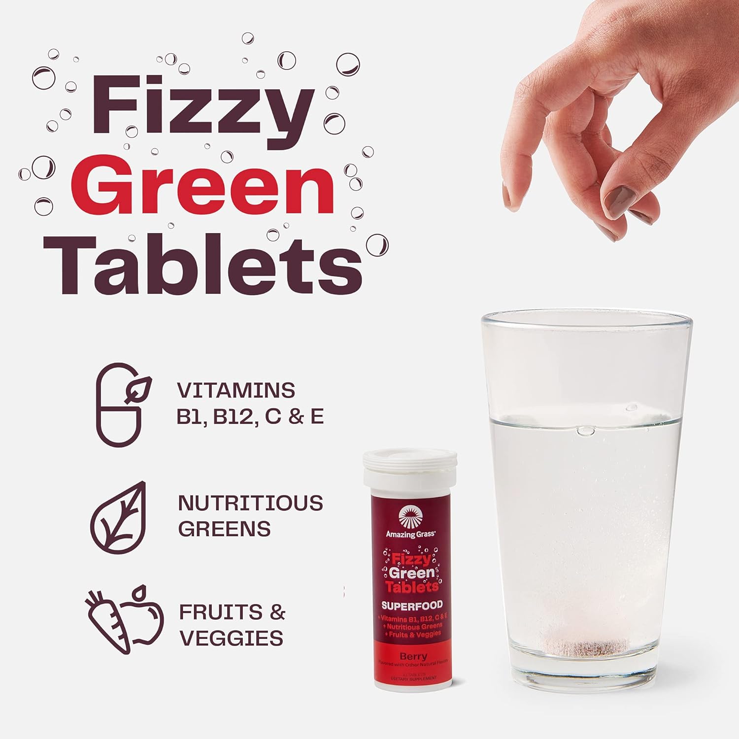 Superfood Fizzy Green Tablets: Berry Flavor, 30 Count, Antioxidants & Alkalizing Greens, Immune Support