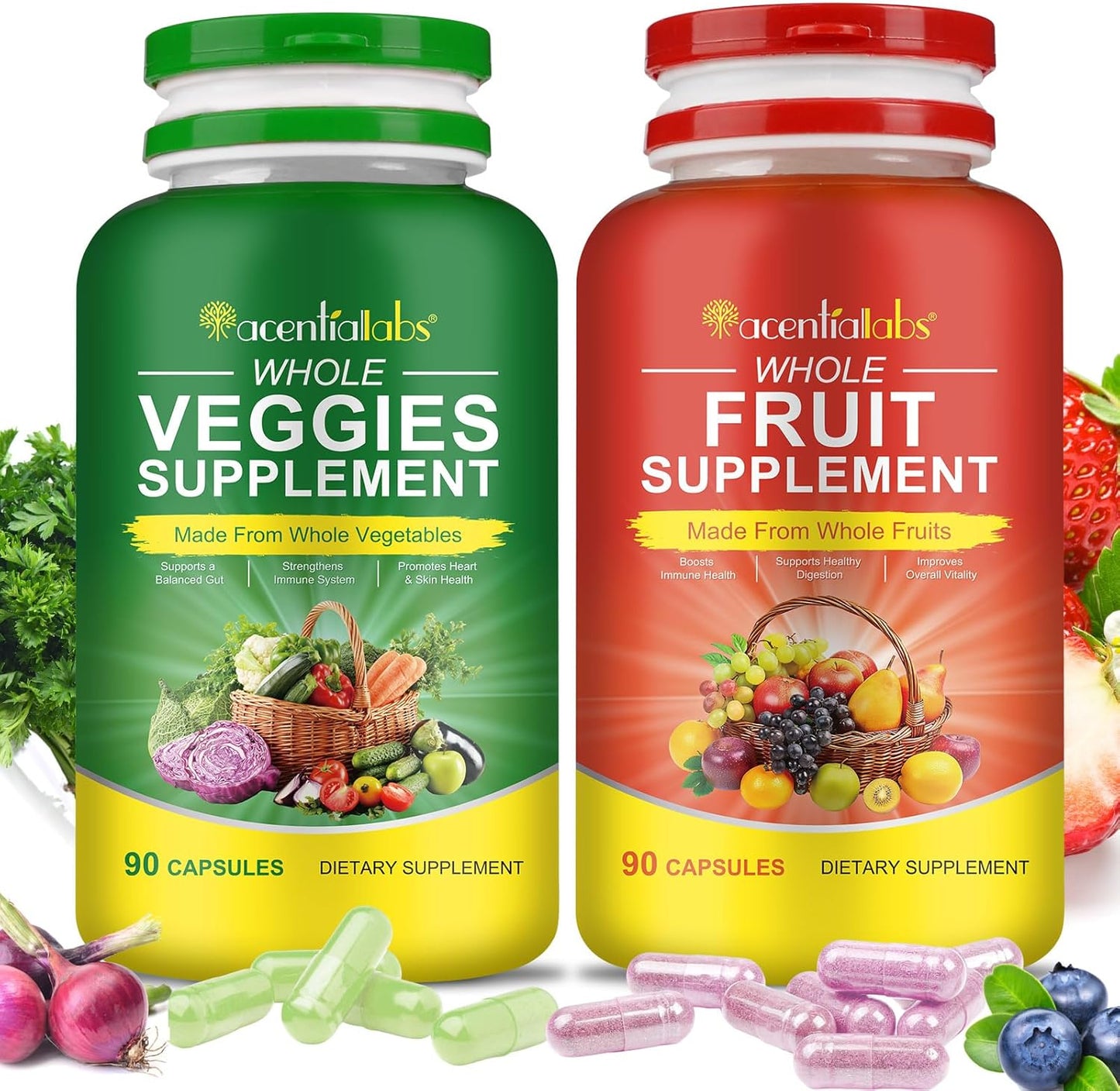 Superfood Fruits and Vegetables Supplements with Natural Fiber - 90 Veggie and 90 Fruit Capsules for Immunity, Gut Health, and Energy Boost