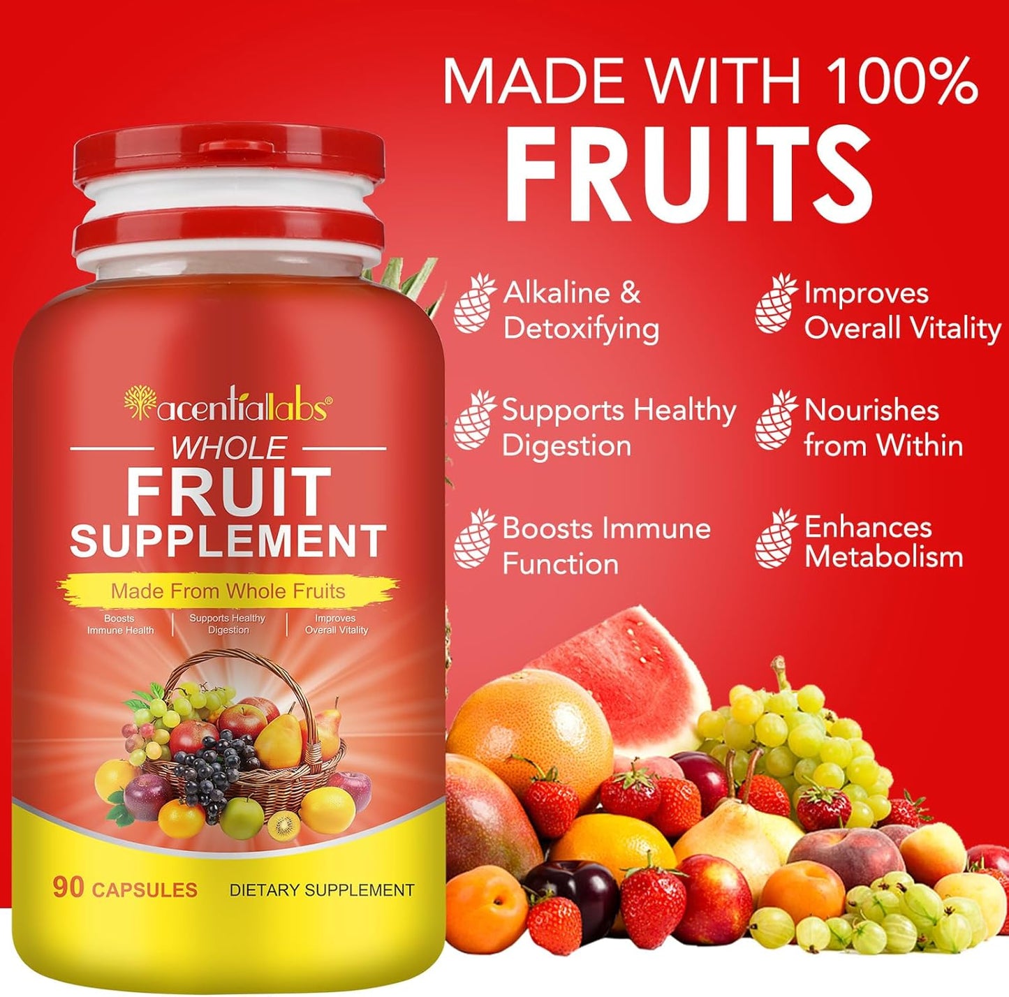 Superfood Fruits and Vegetables Supplements with Natural Fiber - 90 Veggie and 90 Fruit Capsules for Immunity, Gut Health, and Energy Boost