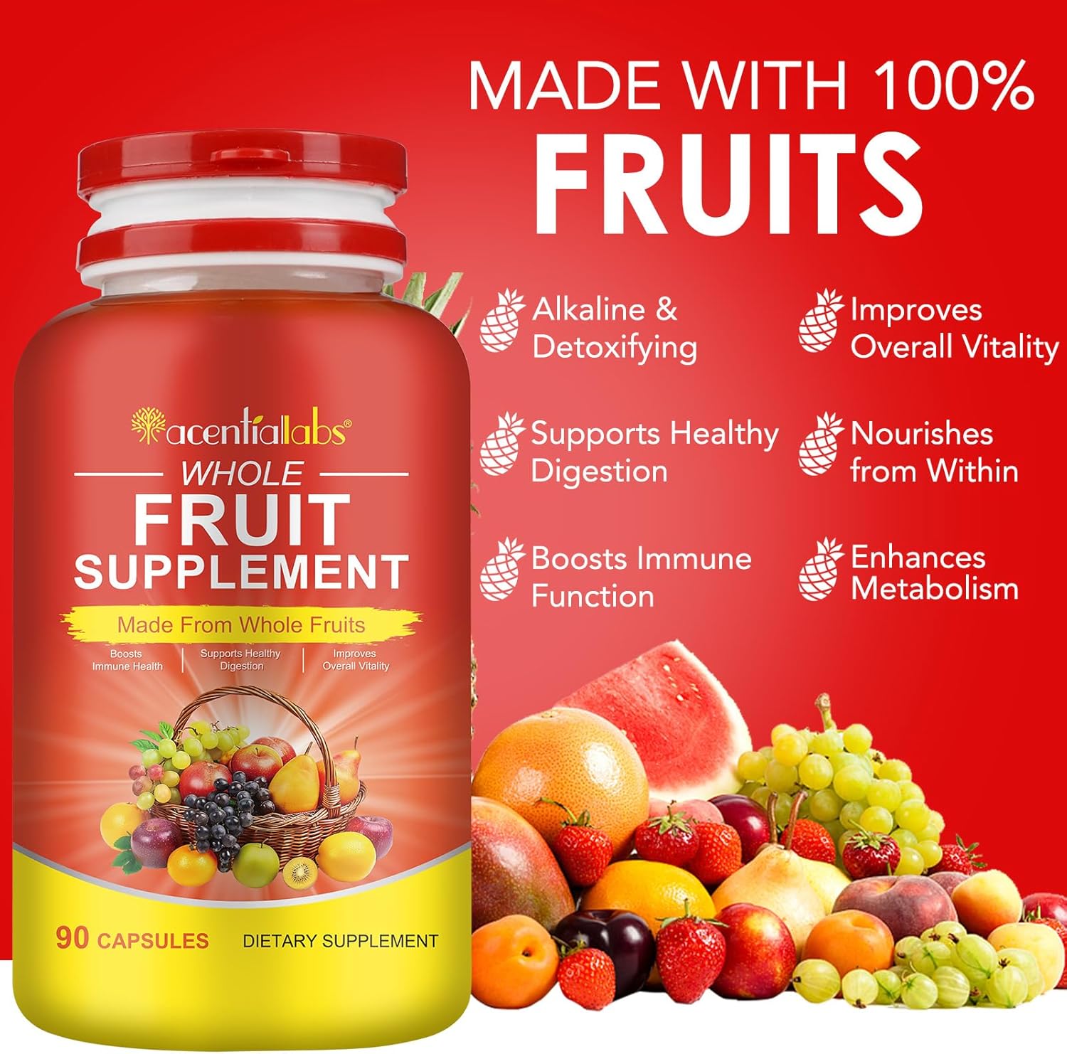 Superfood Fruits and Vegetables Supplements with Natural Fiber - 90 Veggie and 90 Fruit Capsules for Immunity, Gut Health, and Energy Boost