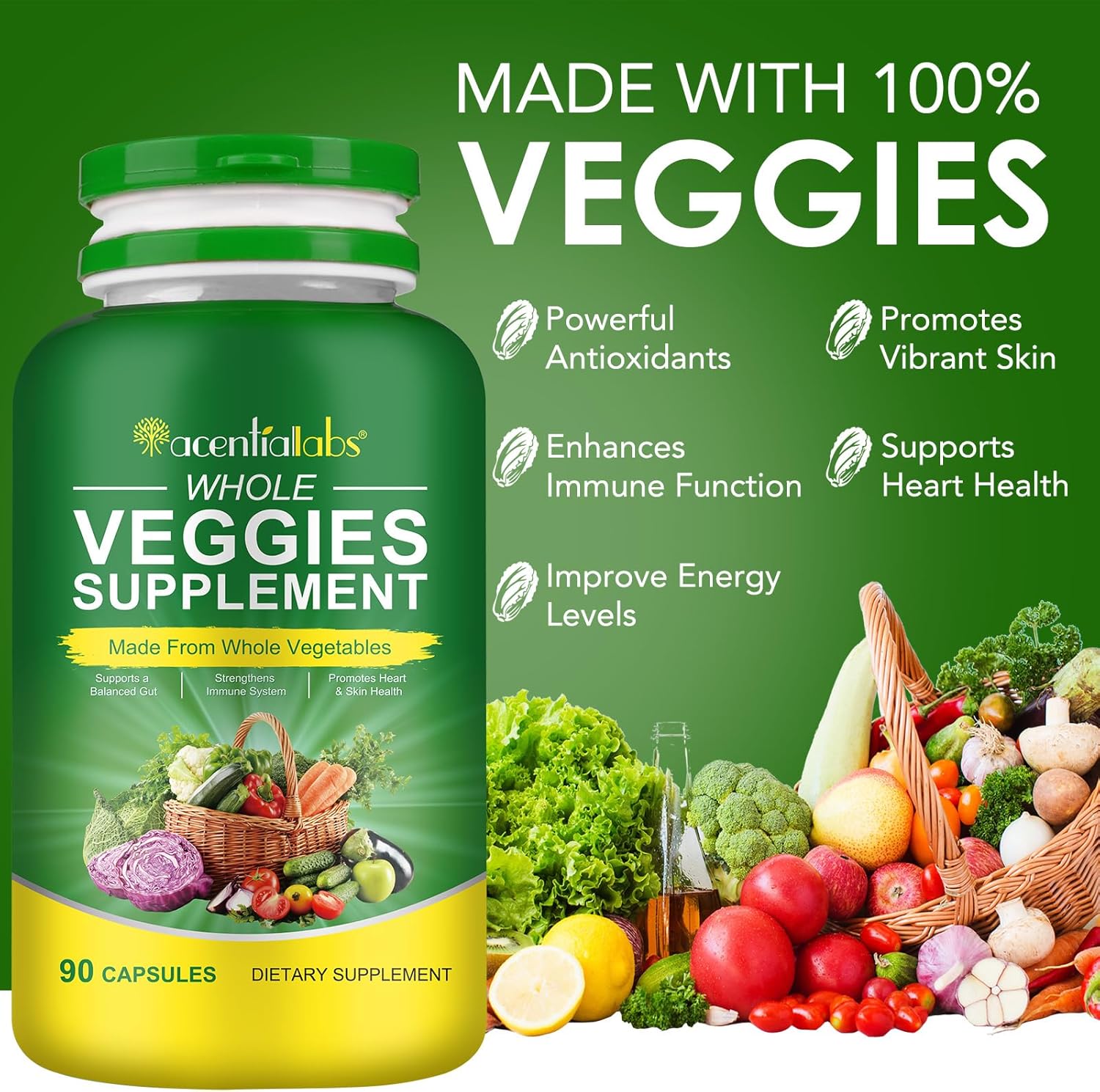 Superfood Fruits and Vegetables Supplements with Natural Fiber - 90 Veggie and 90 Fruit Capsules for Immunity, Gut Health, and Energy Boost