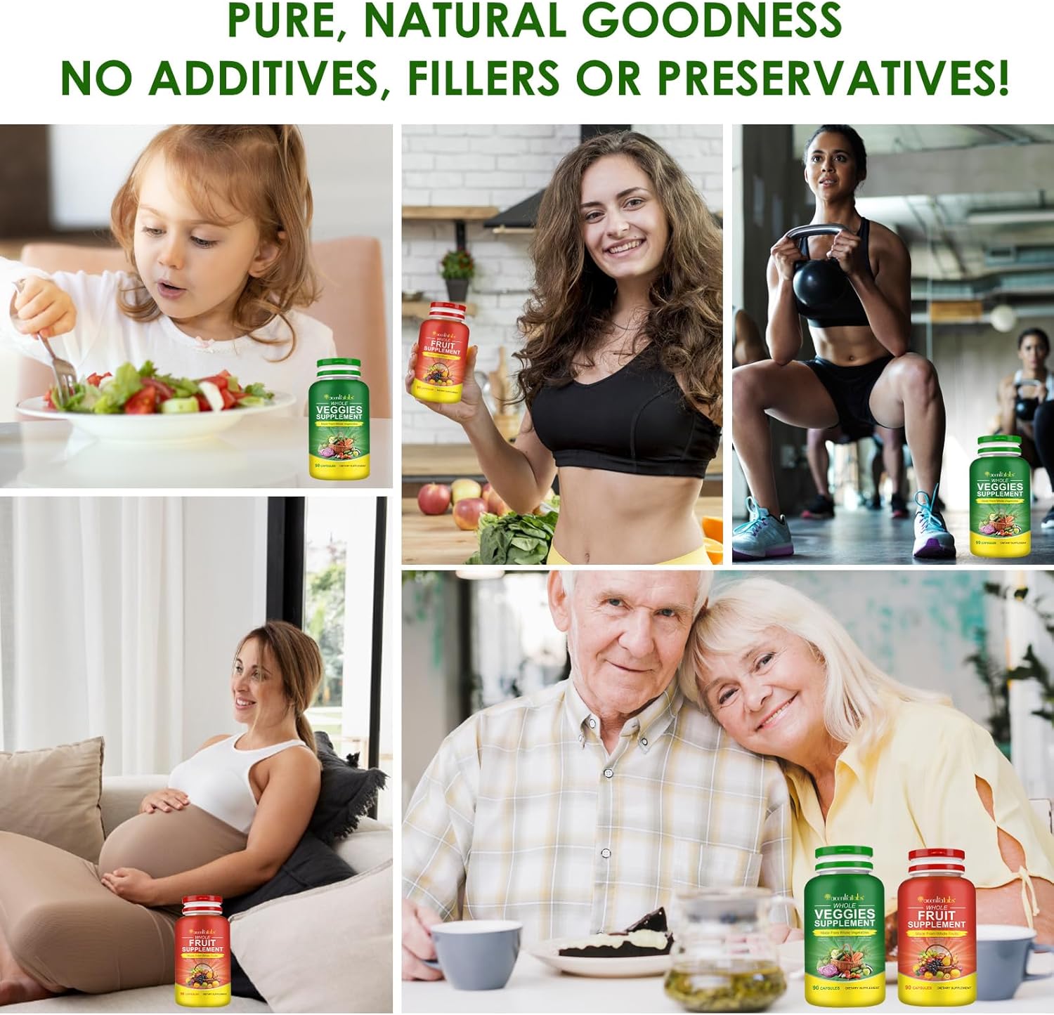 Superfood Fruits and Vegetables Supplements with Natural Fiber - 90 Veggie and 90 Fruit Capsules for Immunity, Gut Health, and Energy Boost