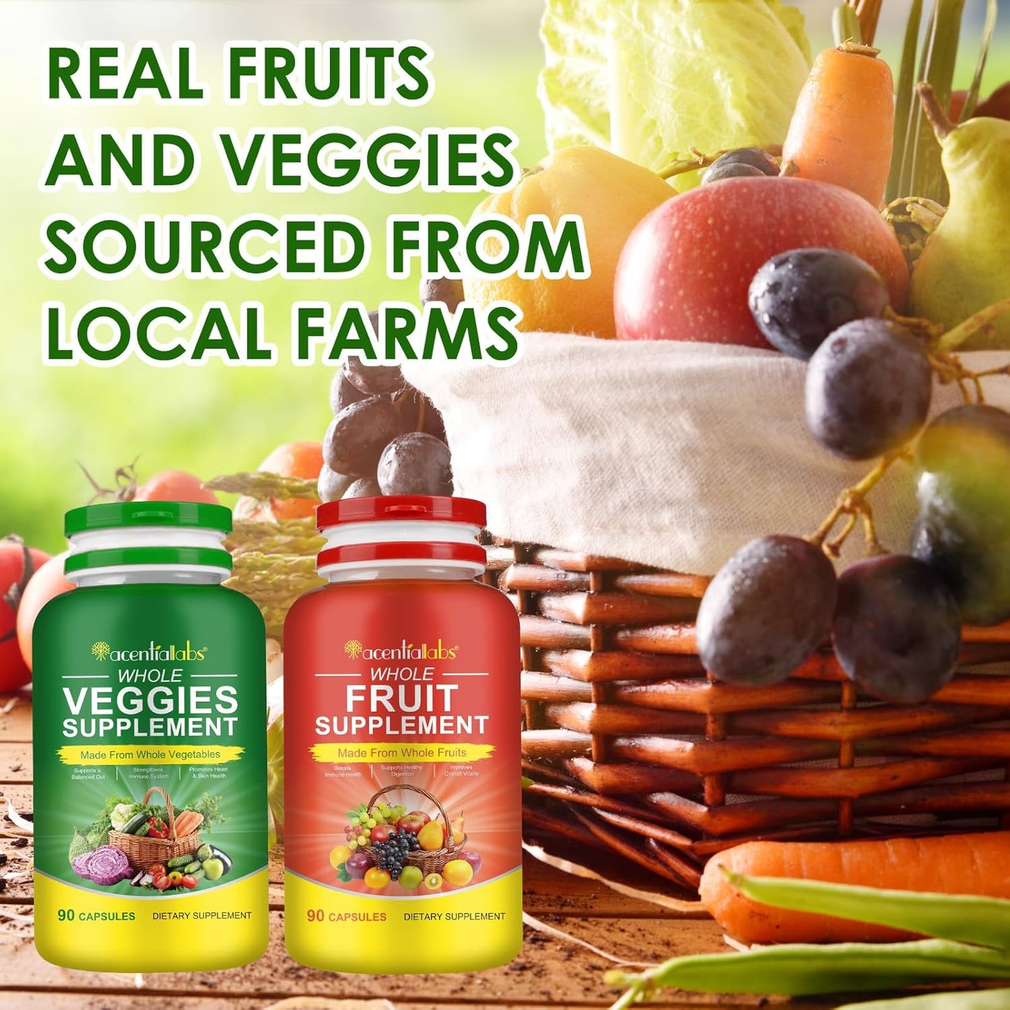 Superfood Fruits and Vegetables Supplements with Natural Fiber - 90 Veggie and 90 Fruit Capsules for Immunity, Gut Health, and Energy Boost