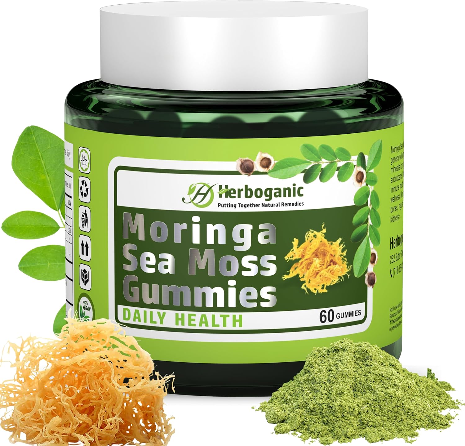Superfood Green Supplement: HERBOGANIC Moringa Sea Moss Gummies with Fiber & Immune Support - 60 Count