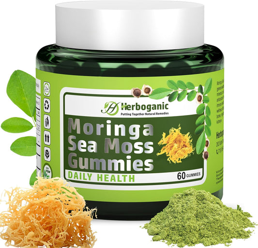 Superfood Green Supplement: HERBOGANIC Moringa Sea Moss Gummies with Fiber & Immune Support - 60 Count